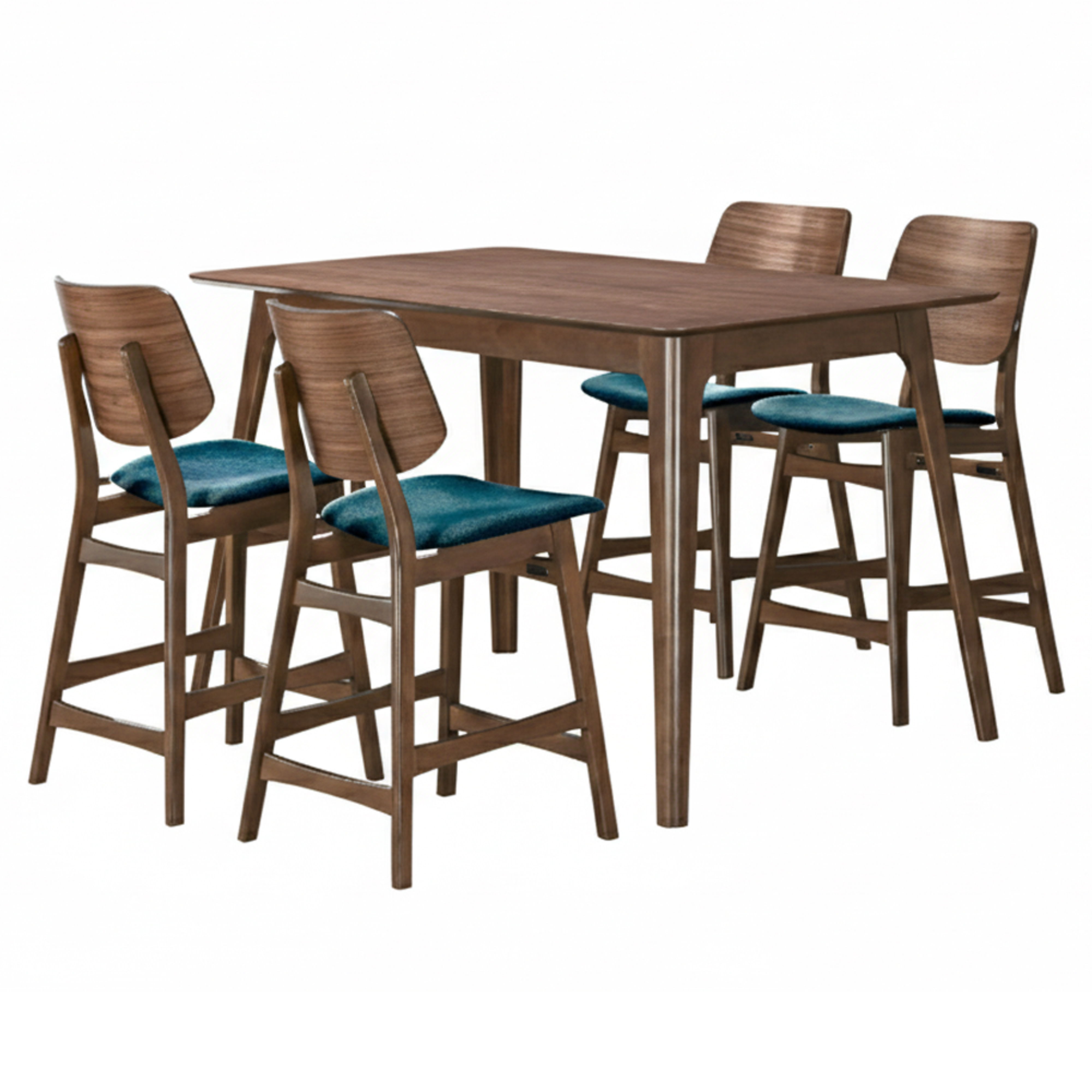 Oscar - Counter Wood Table - Walnut With 4 Teal Cushion Chairs - Brown / Blue