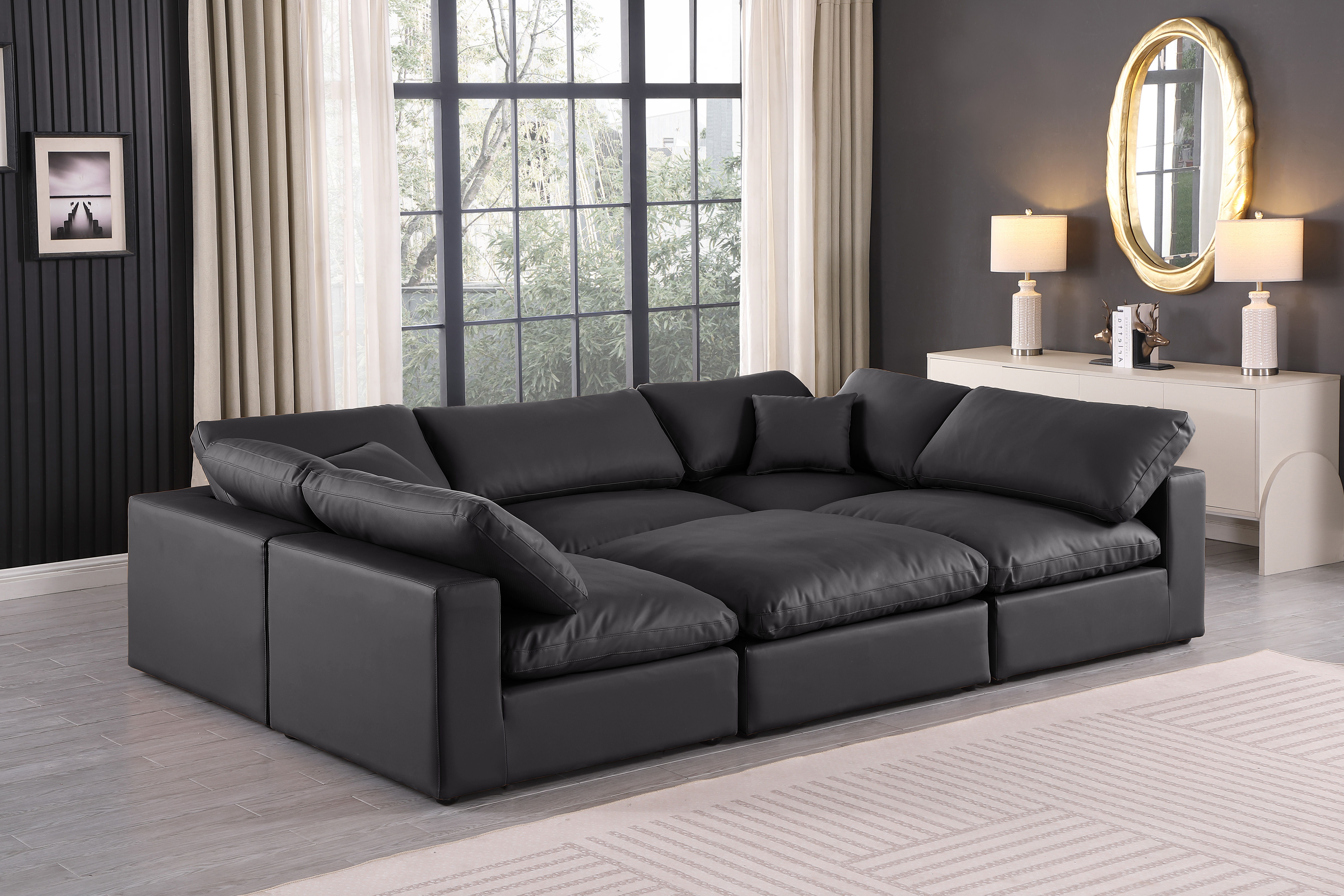 Comfy - 6 Piece Faux Leather Sectional - Charcoal
