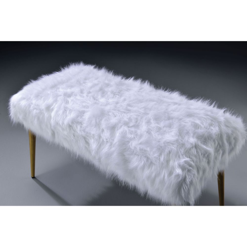 Bagley II - 20" Bench - White Faux Fur & Gold, white, view 3