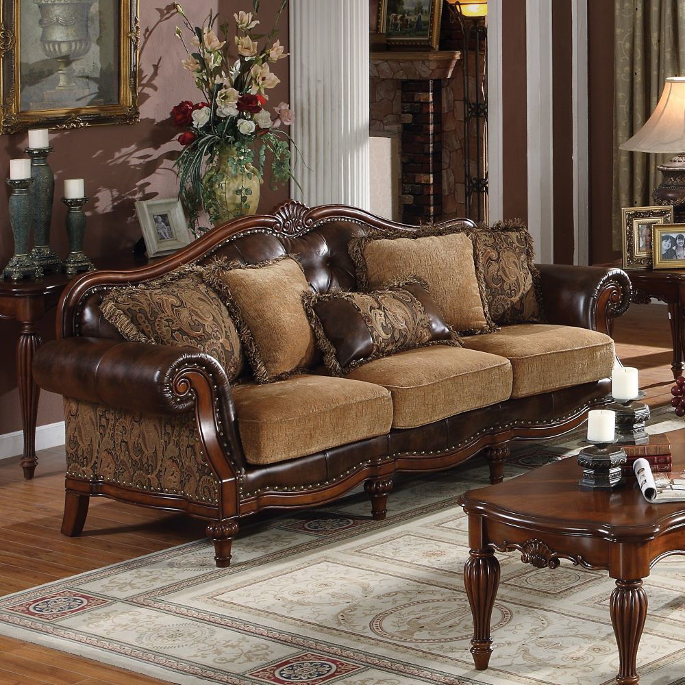 Dreena - Sofa With 5 Pillows - Two Tone Brown Synthetic Leather & Chenille Cherry, dark brown