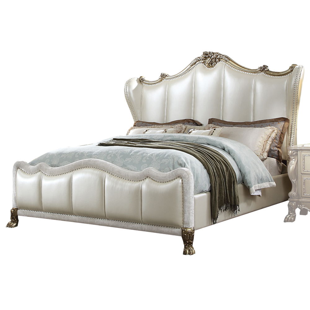 Dresden II - Queen Bed - Pearl White Synthetic Leather & Gold Patina, white, view 5