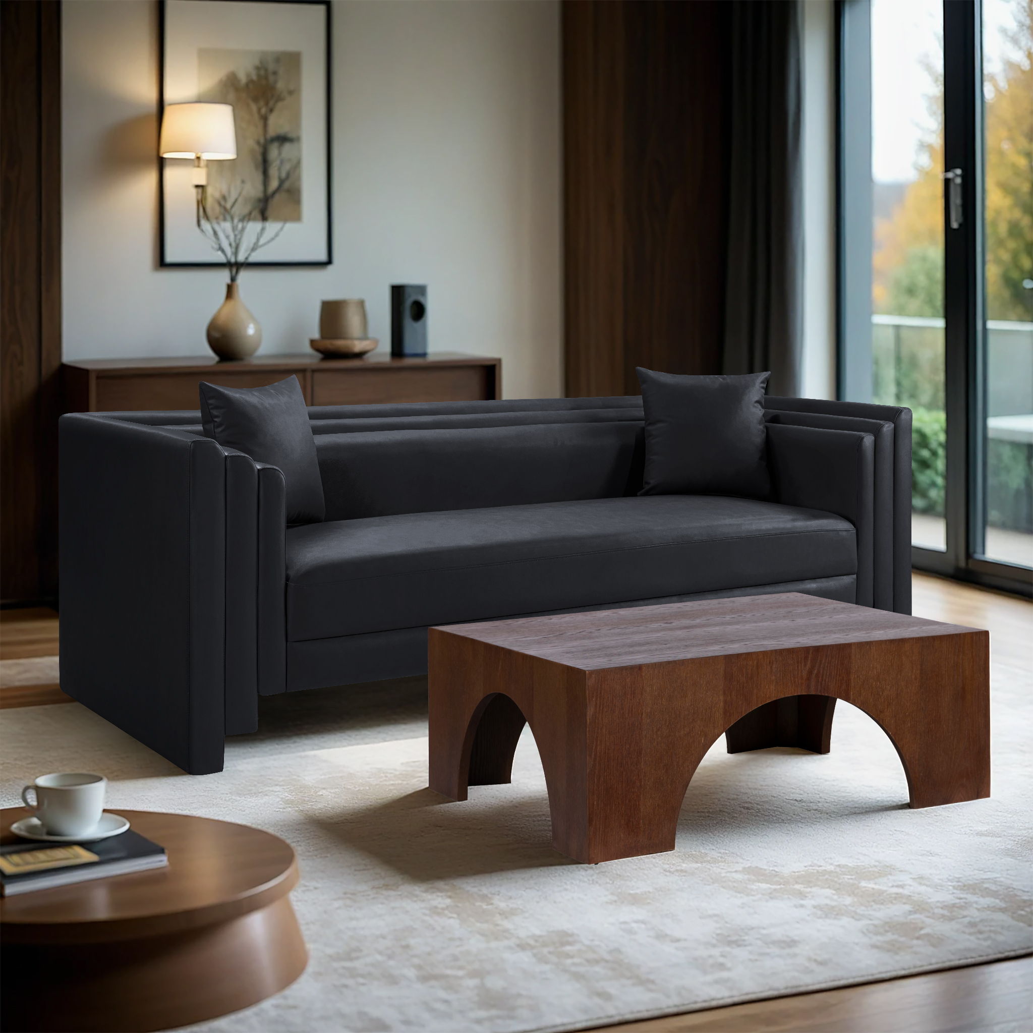 Everett - Vegan Leather 88.5" Upholstered Sofa - Black