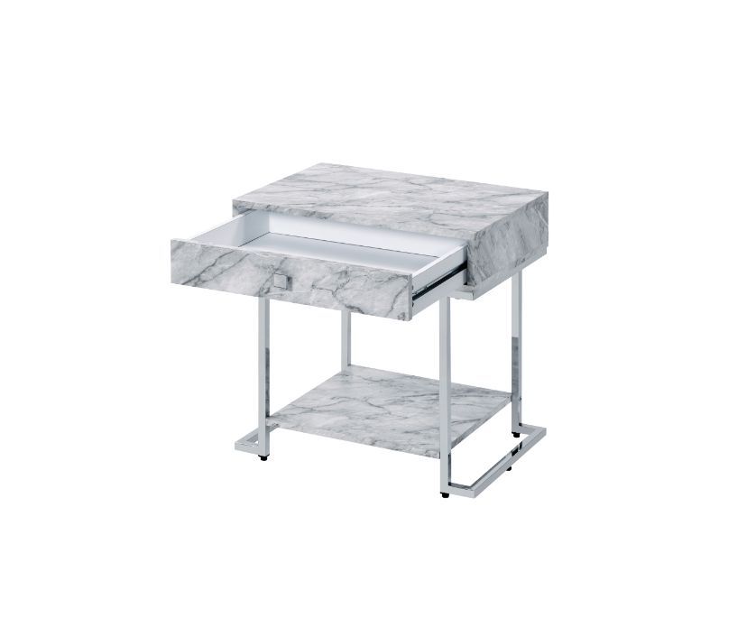 Wither - Accent Table - White Printed Faux Marble & Chrome, white, view 2