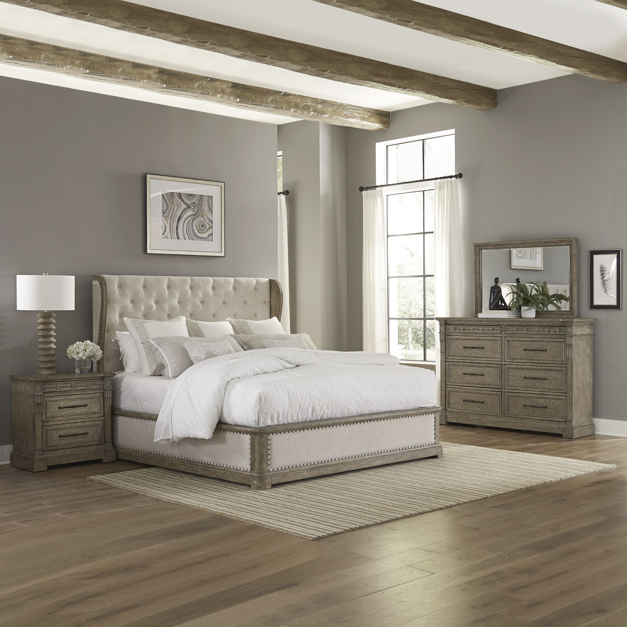 Liberty Furniture Town & Country - 4 Piece Bedroom Set (King Shelter Bed, Dresser & Mirror, Nightstand) - Medium Brown