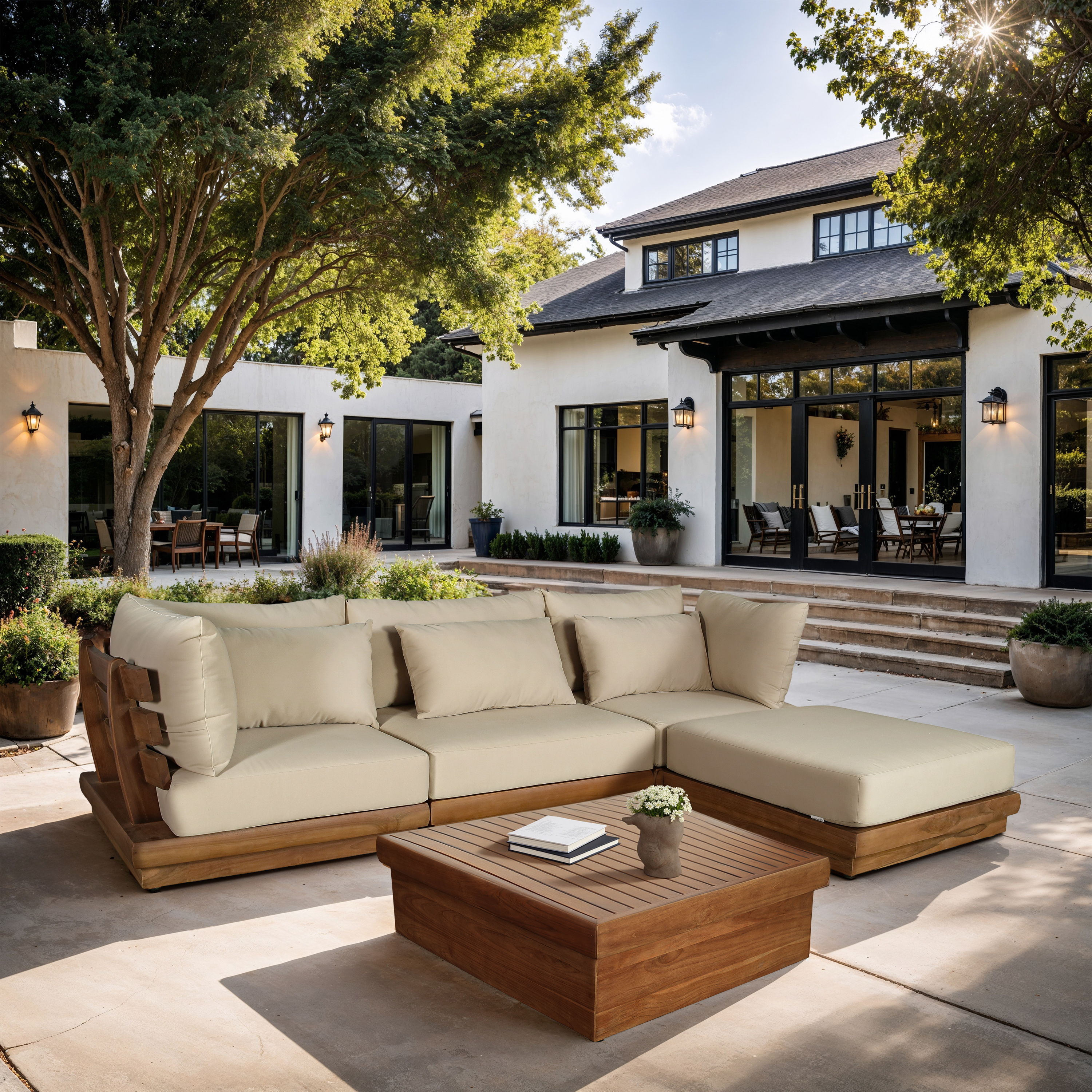 Mirella - 4 Piece Water Resistant Fabric 113" Outdoor Patio Modular Sectional - Tan