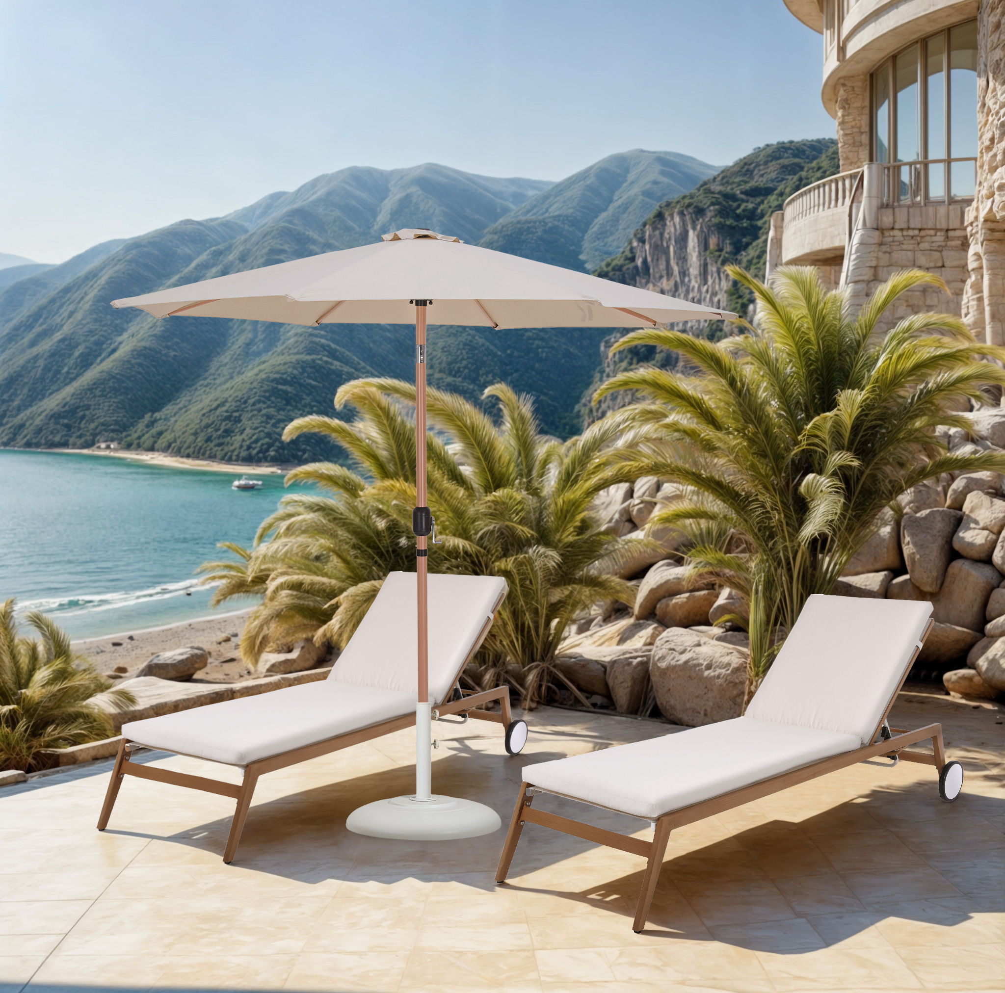 Fiji - Aluminum Patio Umbrella With Round White And Teak Base - Beige