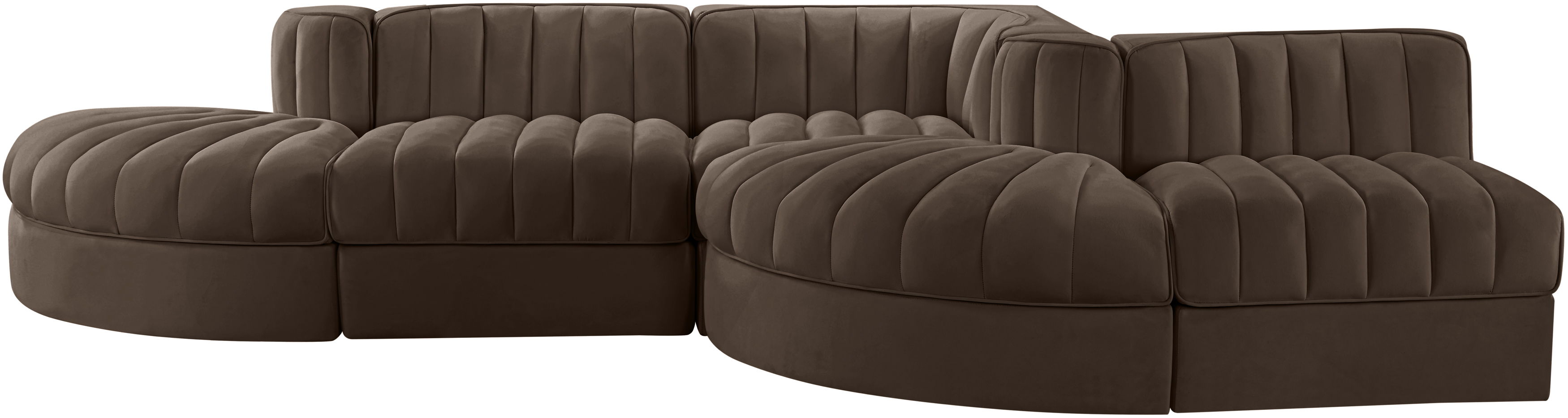 Rummi - Rounded Velvet Performance Fabric Upholstered 5 Piece Modular Sectional - Brown