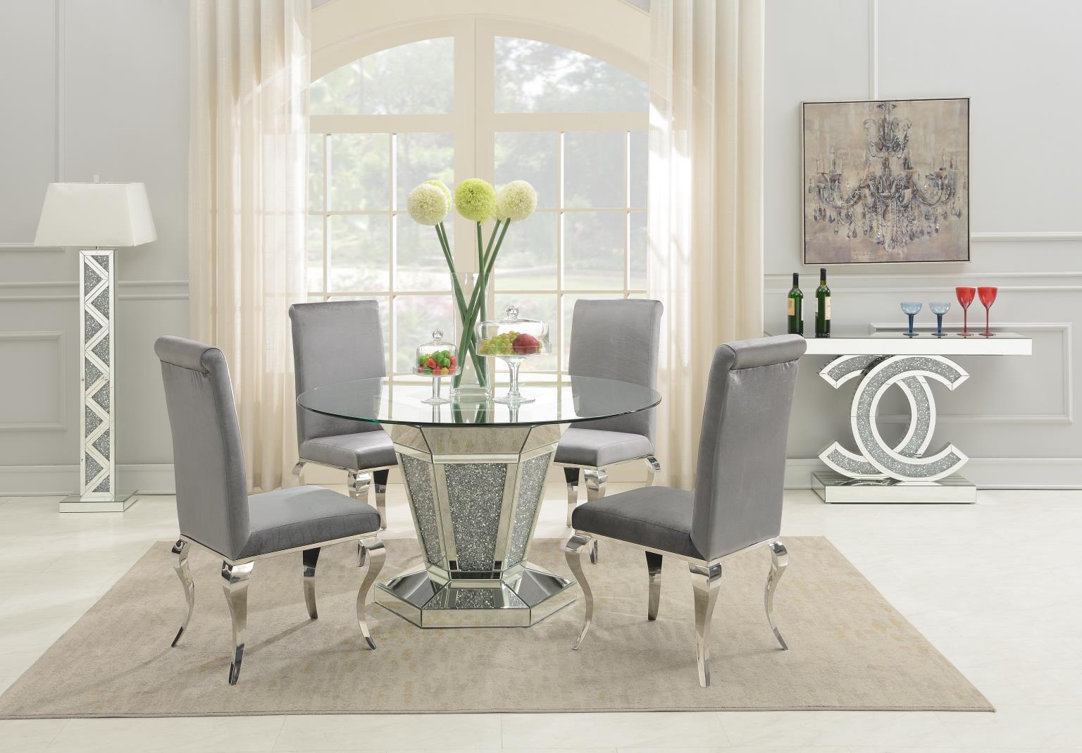 G-100 - 5 Piece Dining Room Set (Glamour Dining Table, 4 Velvet Chairs) - Gray