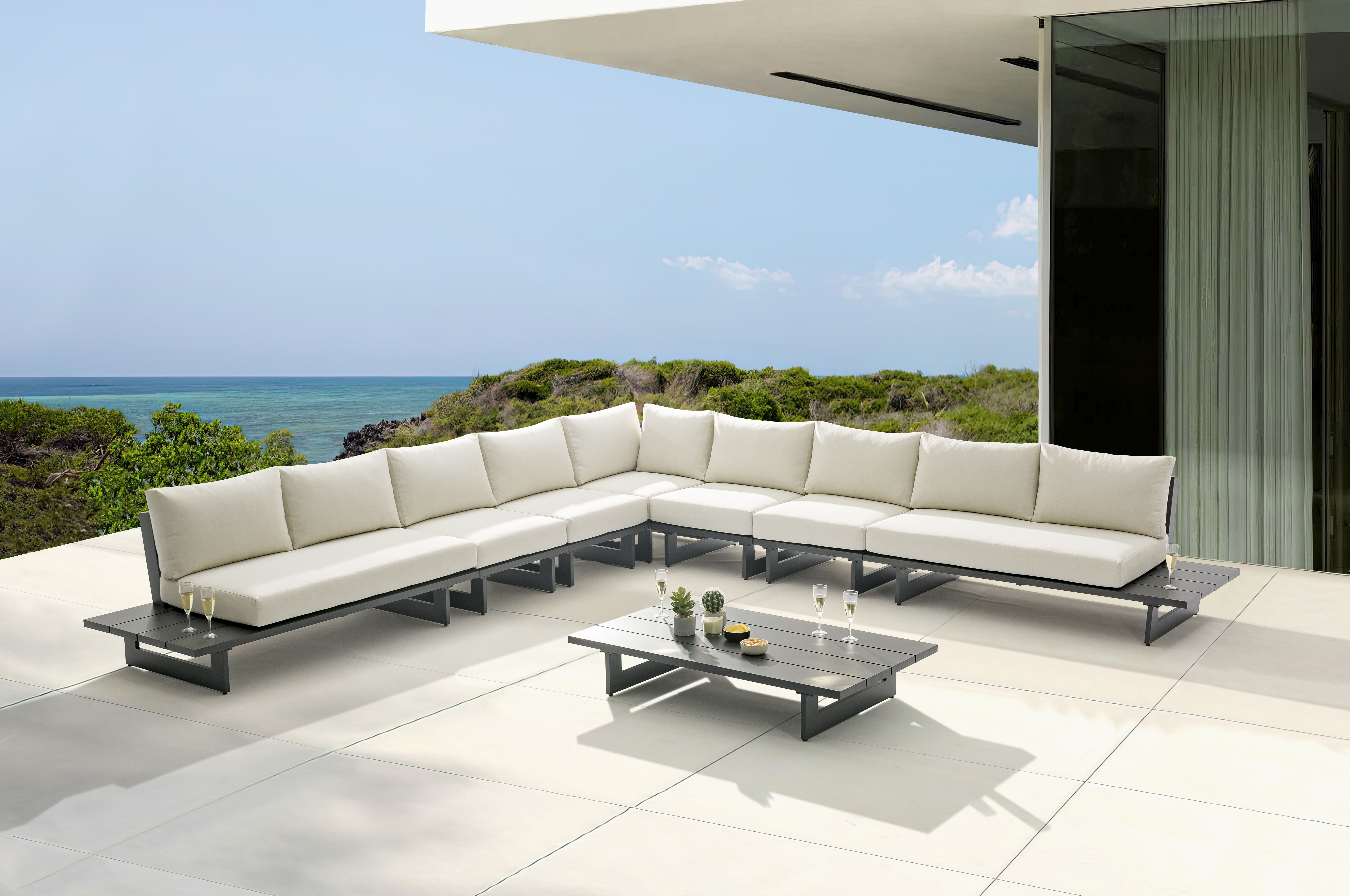 Maldives - 7 Piece Water Resistant Outdoor Patio Modular Corner Sectional With Gray Base - Cream