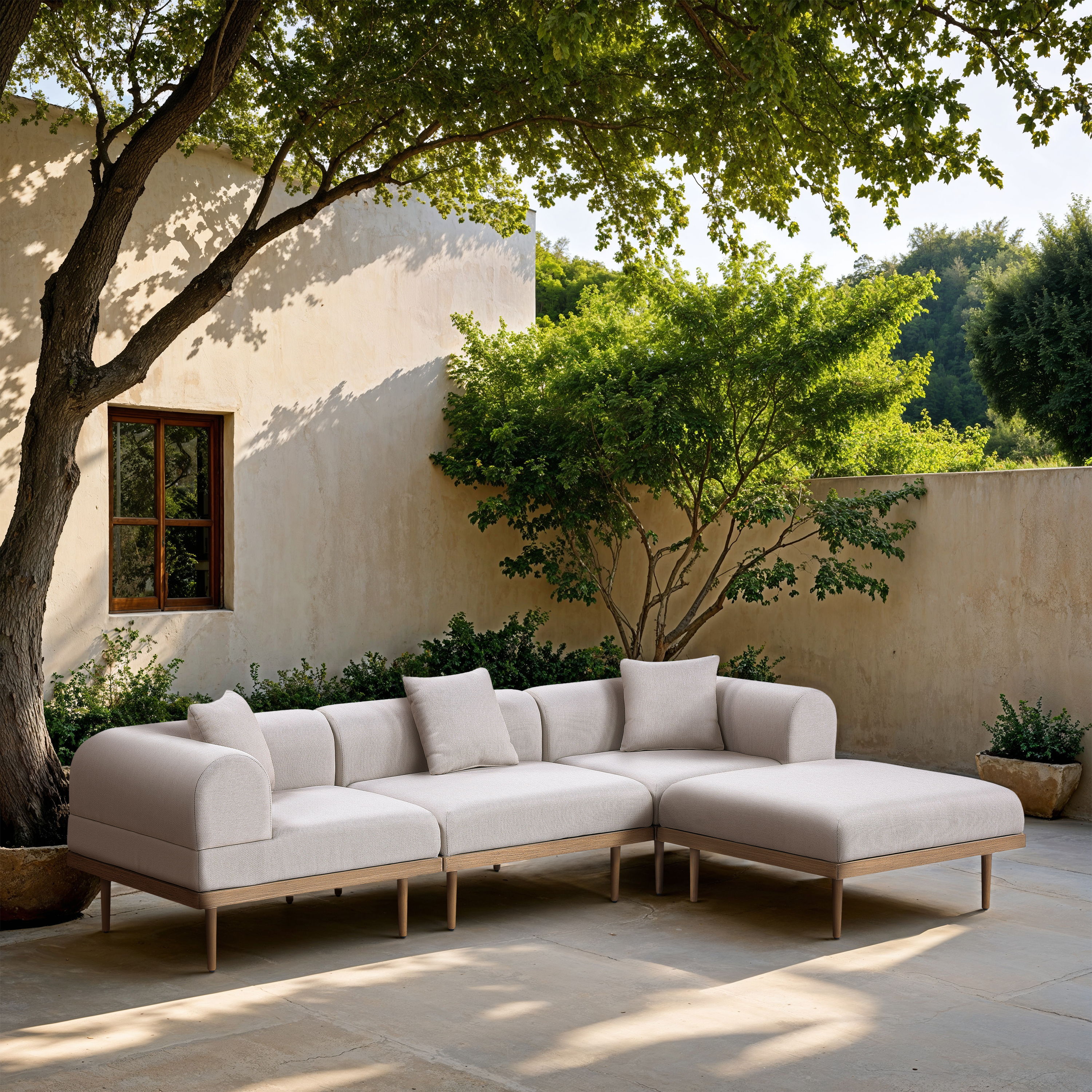 Laguna - 4 Piece Resilient Water Resistant Fabric 106.5" Upholstered Outdoor Patio Modular Sectional - Beige