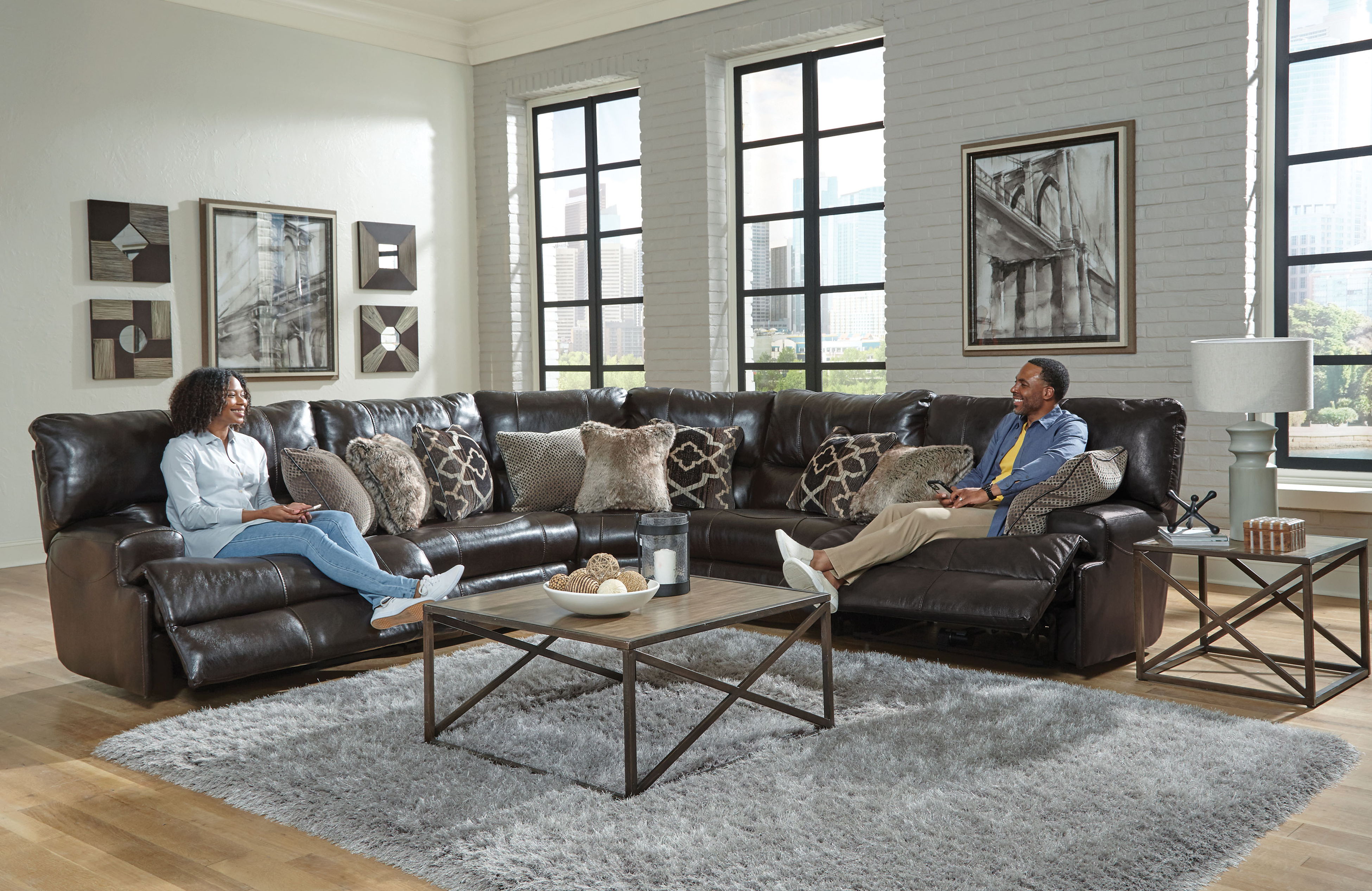 Como - 5 Piece Italian Leather Match Power Reclining Sectional With 2 Lay Flat Reclining Seats - Chocolate
