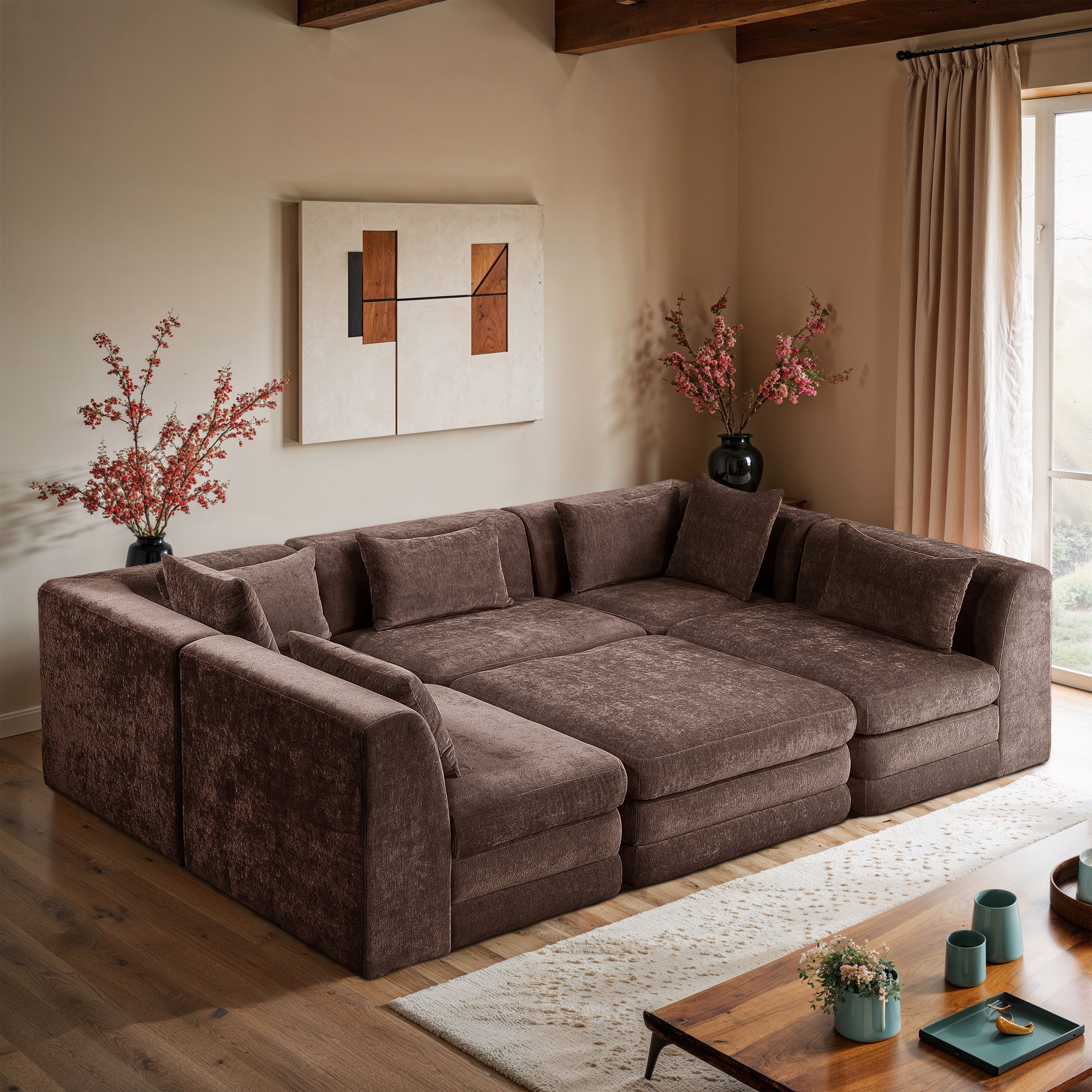Stellar - 6 Piece Chenille Fabric 114" Upholstered Modular Sectional - Brown