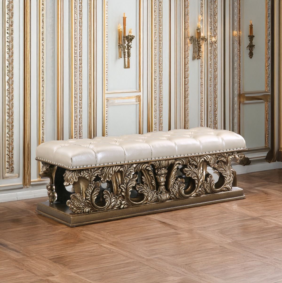 Constantine - Bench - Light Gold Synthetic Leather , Brown & Gold, beige