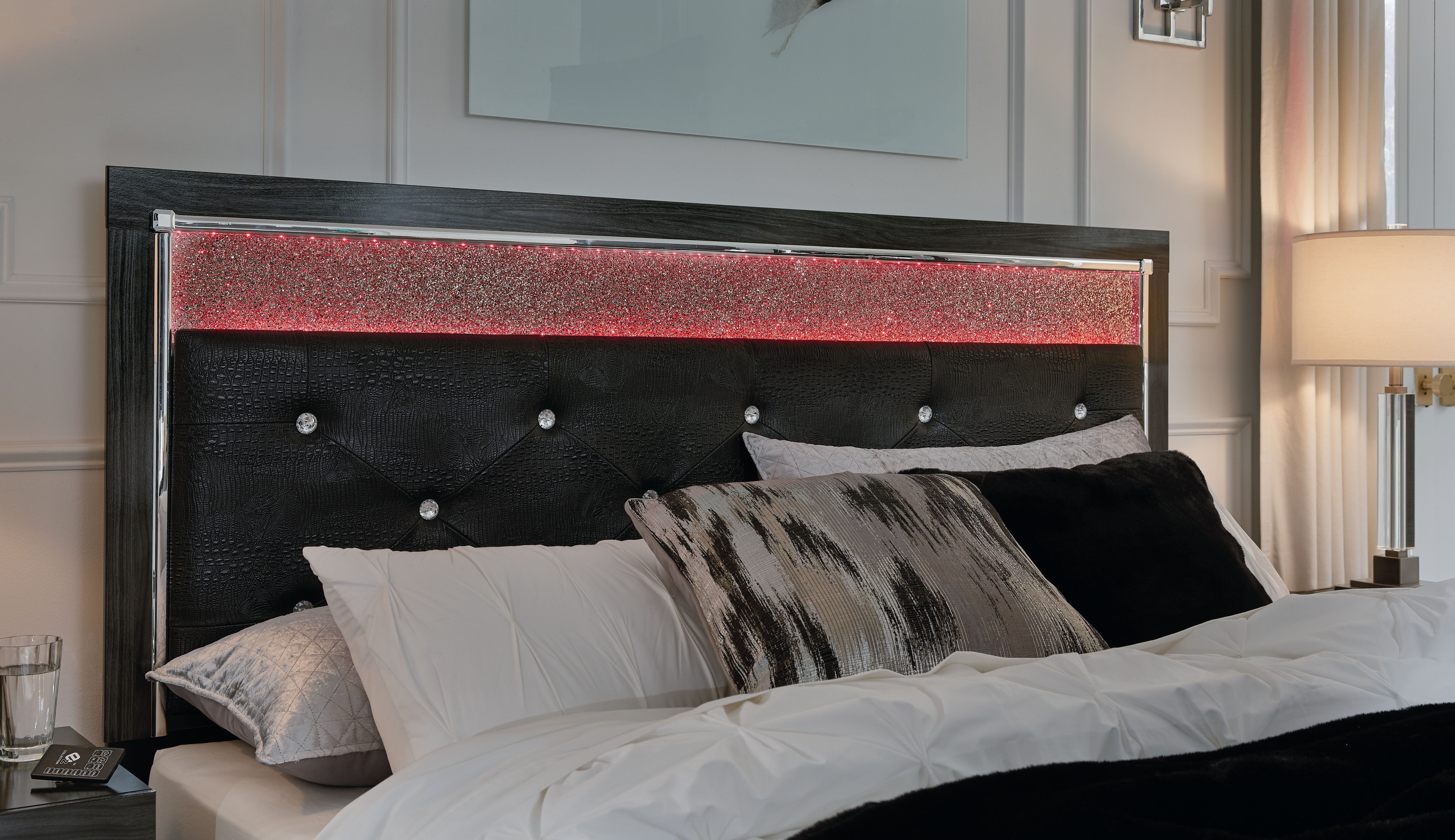 Kaydell Black Queen Uph Panel Headboard Glitter Details New