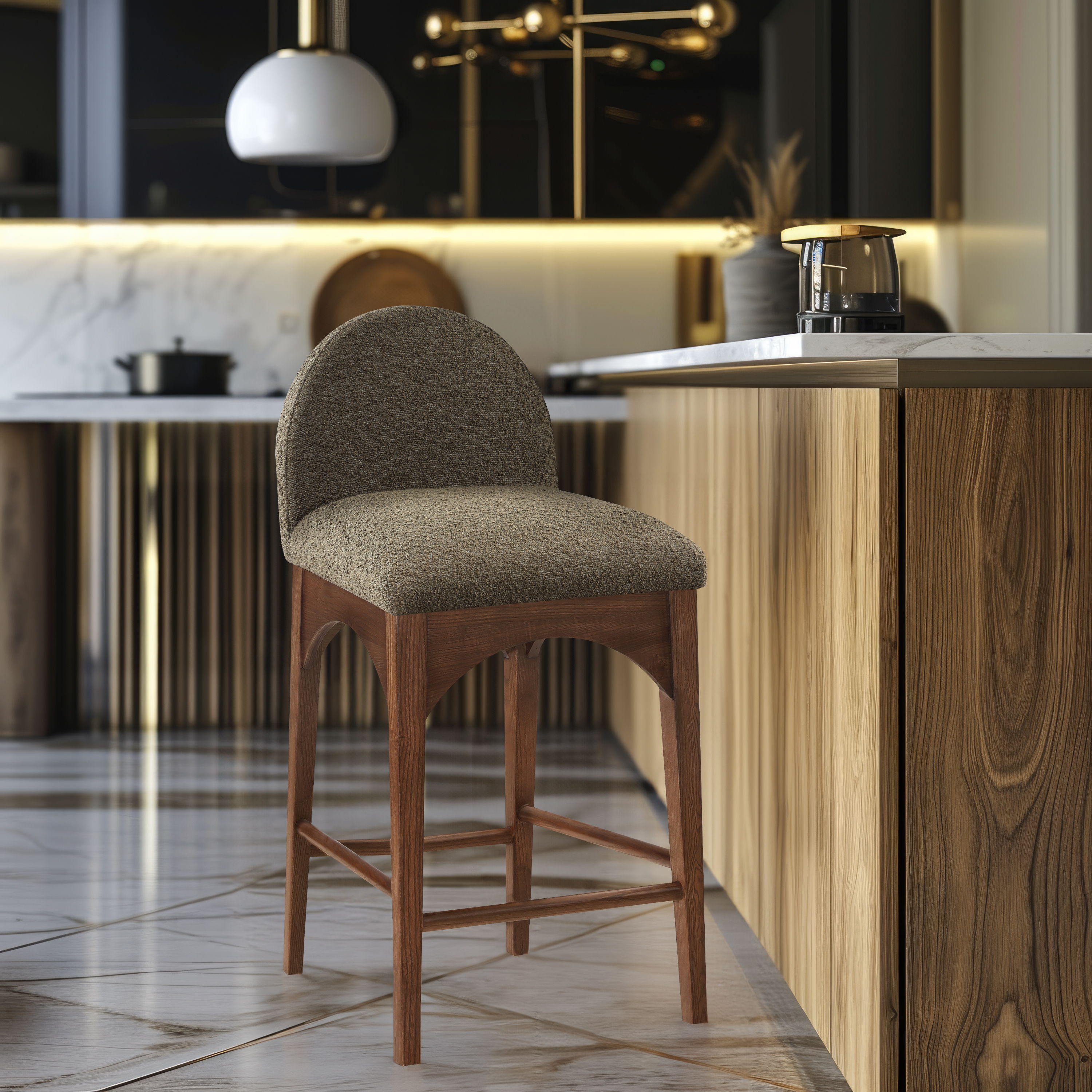 Waldorf - Boucle Stool With Brown Legs - Olive