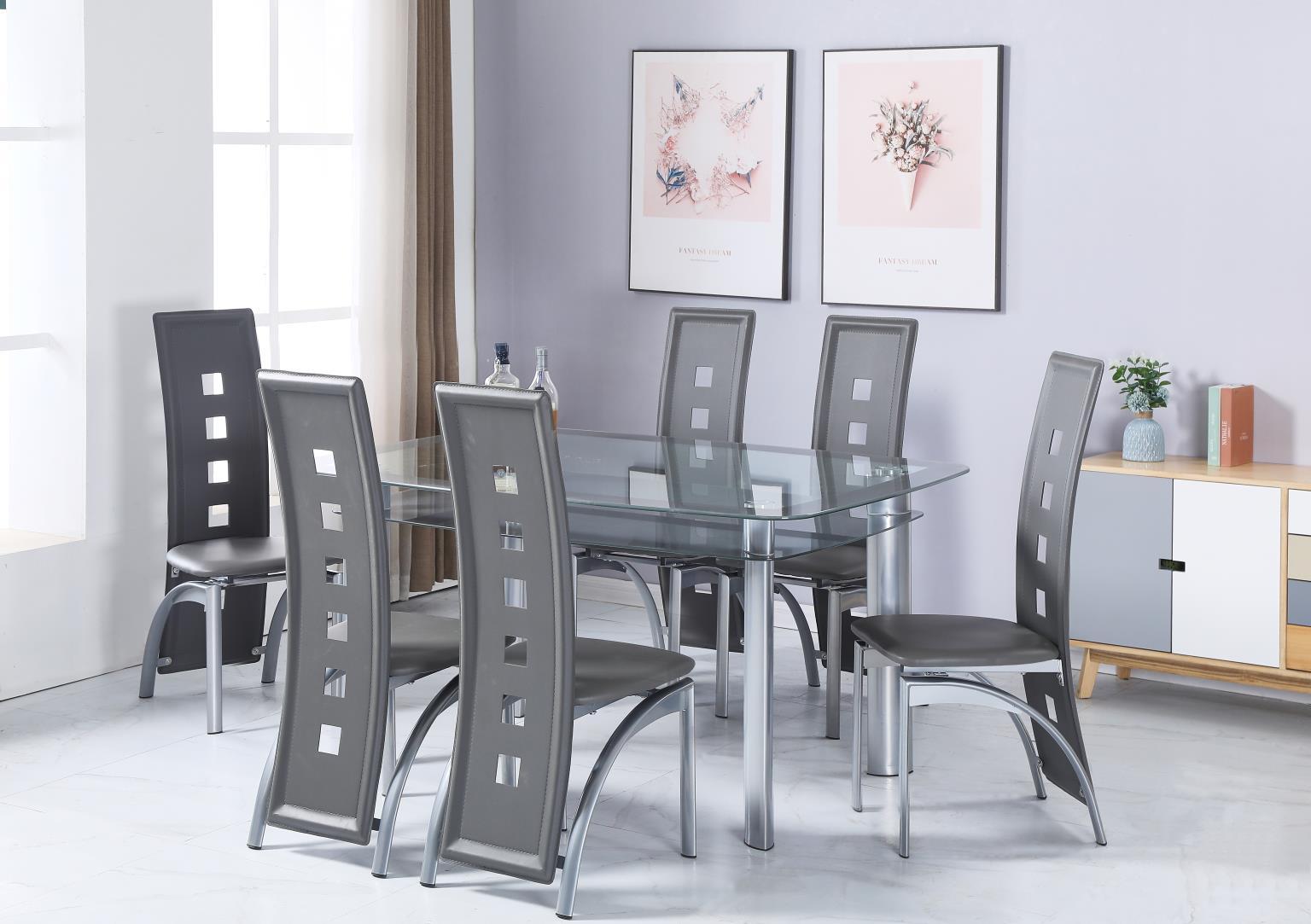 D325 - 7 Piece Dining Room (Table, 6 Chairs) - Charcoal / Pearl Silver