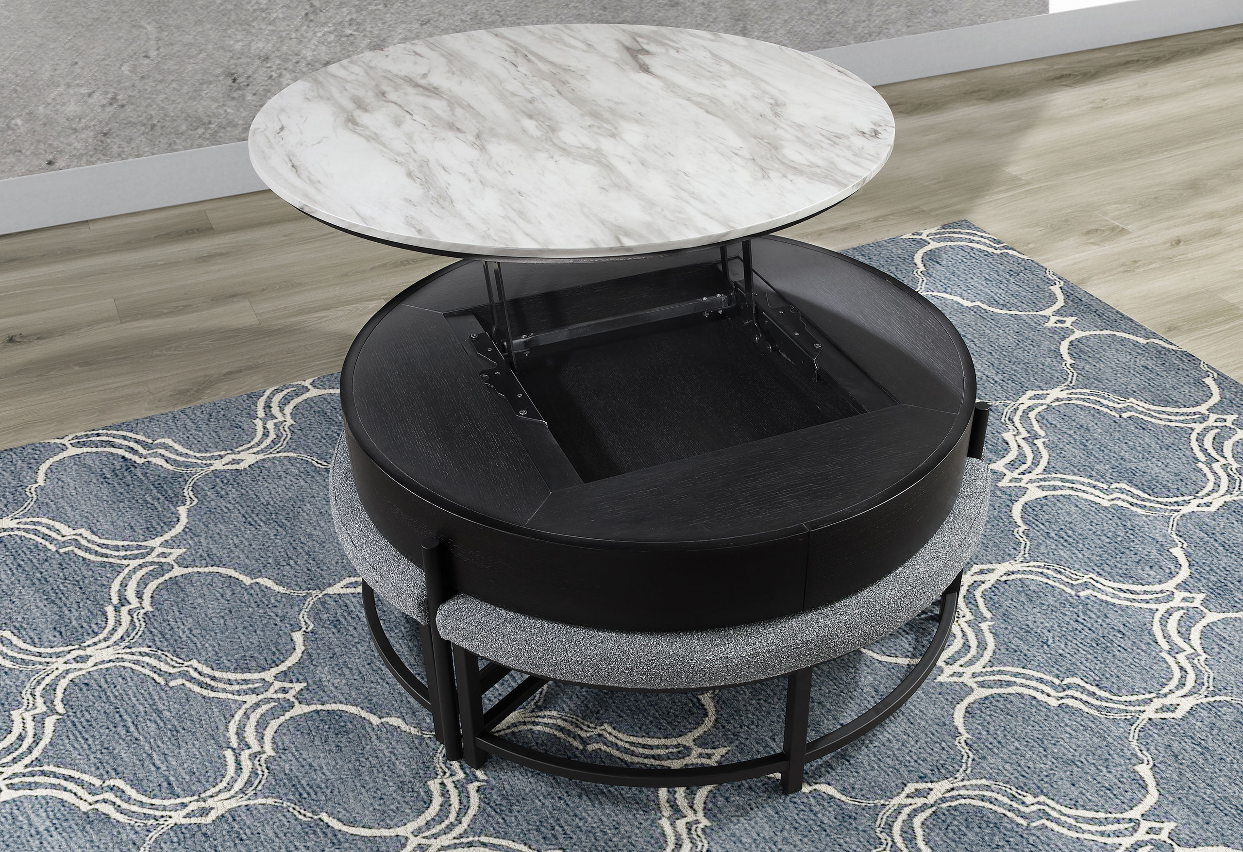 T42 - 4 Piece Living Room Set (Coffee Table With 3 Stools) - Black / Dark Gray