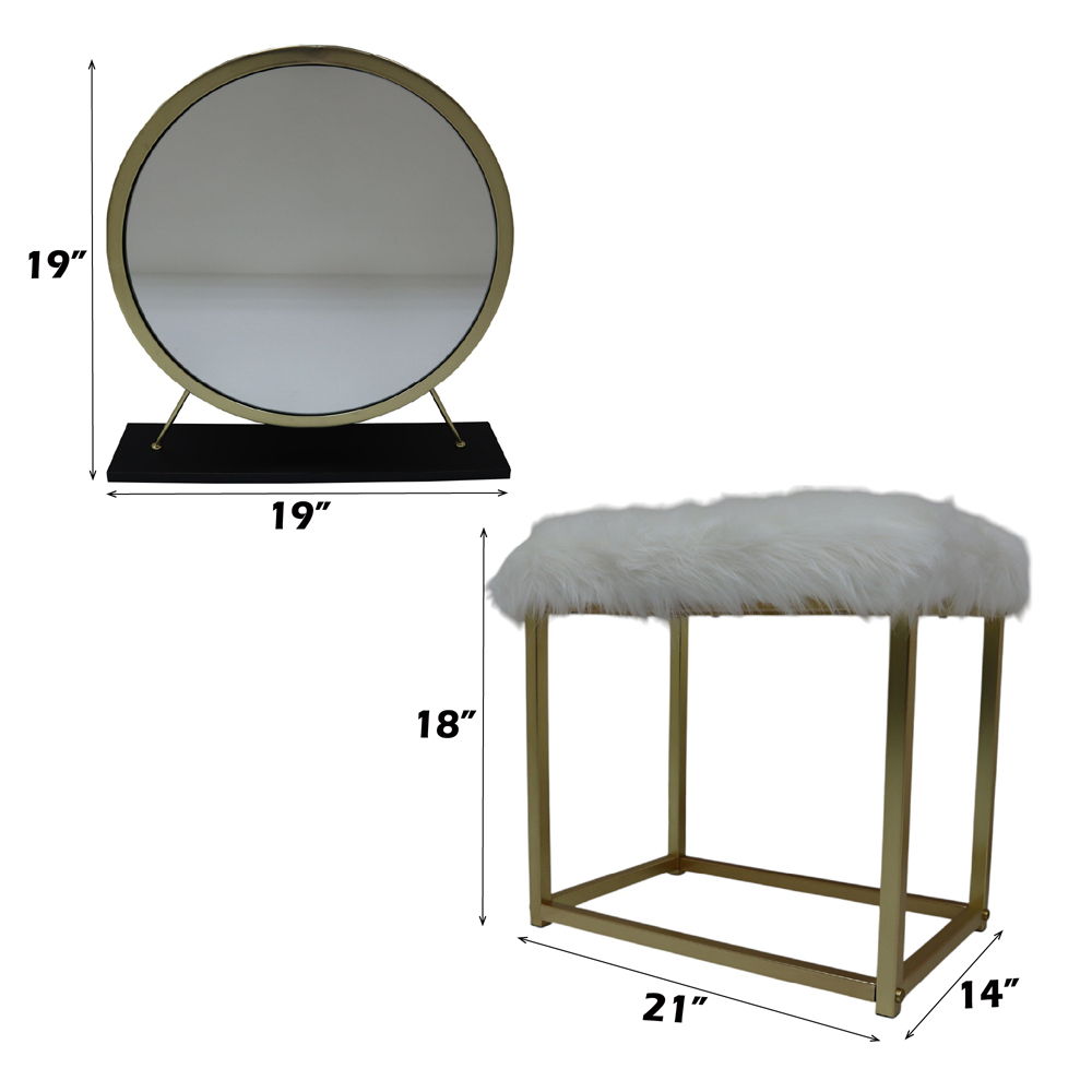 Adao - Vanity Mirror & Stool - Faux Fur, Mirror, Black & Brass, black, view 8