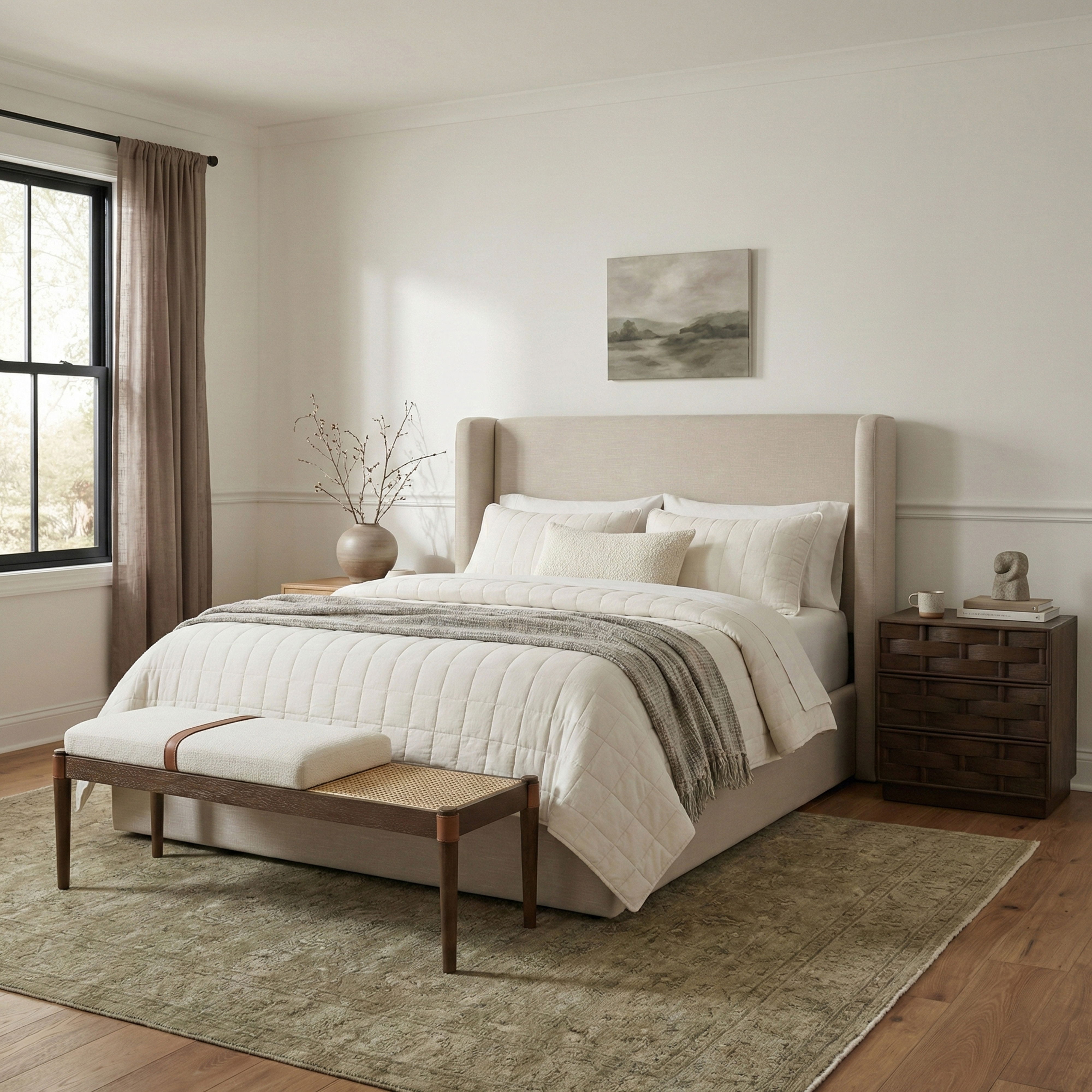 Nara - Linen Textured Fabric Upholstered Bench - Cream / Painted Brown Walnut