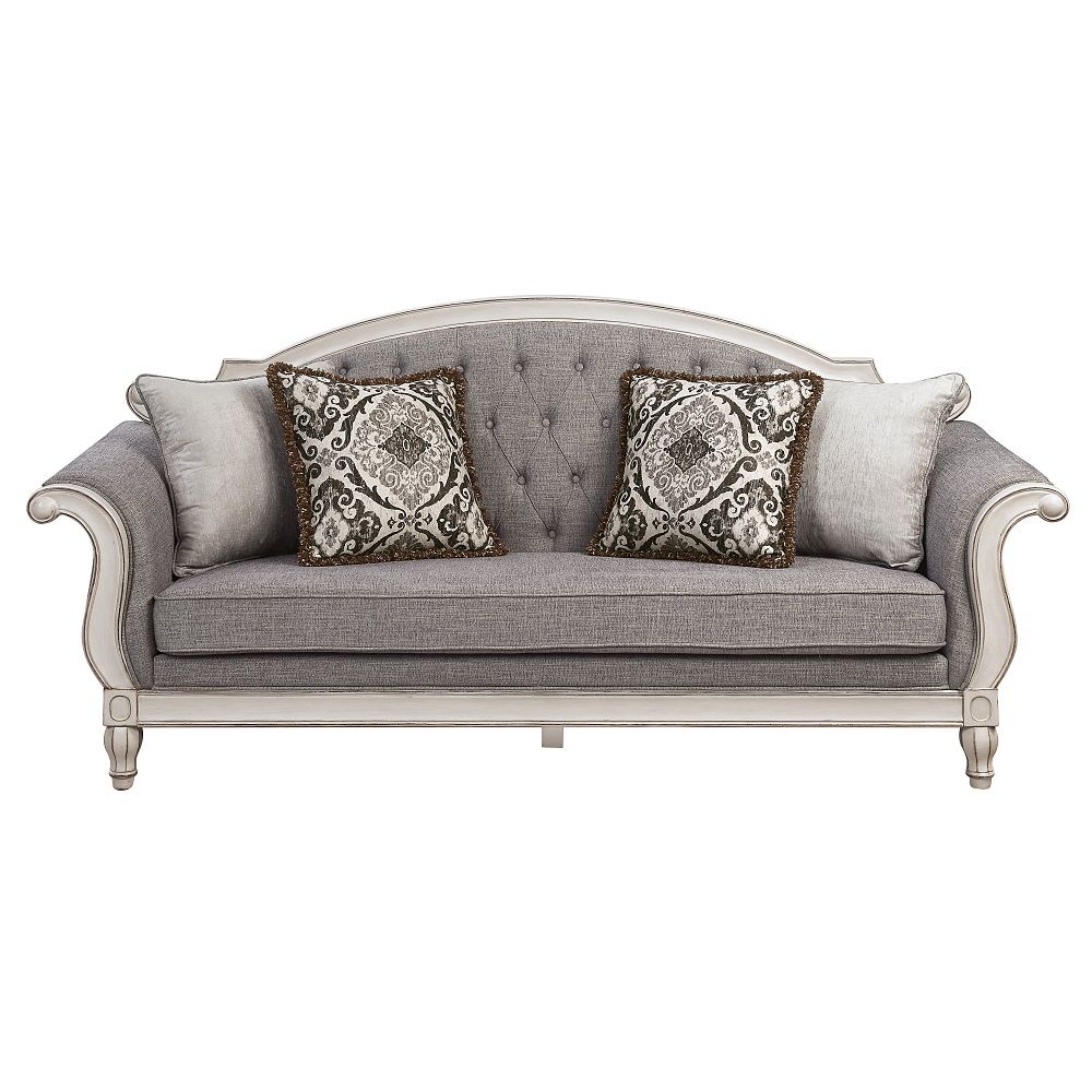 Florian - Sofa With 4 Pillows - Gray Fabric & Antique White, gray