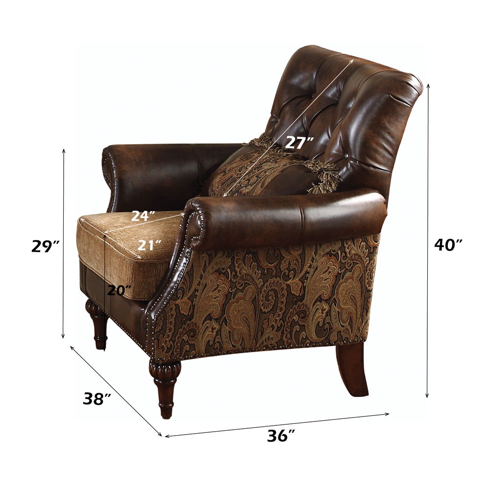 Dreena - Chair With Pillow - Two Tone Brown Synthetic Leather & Chenille Cherry, dark brown, view 5