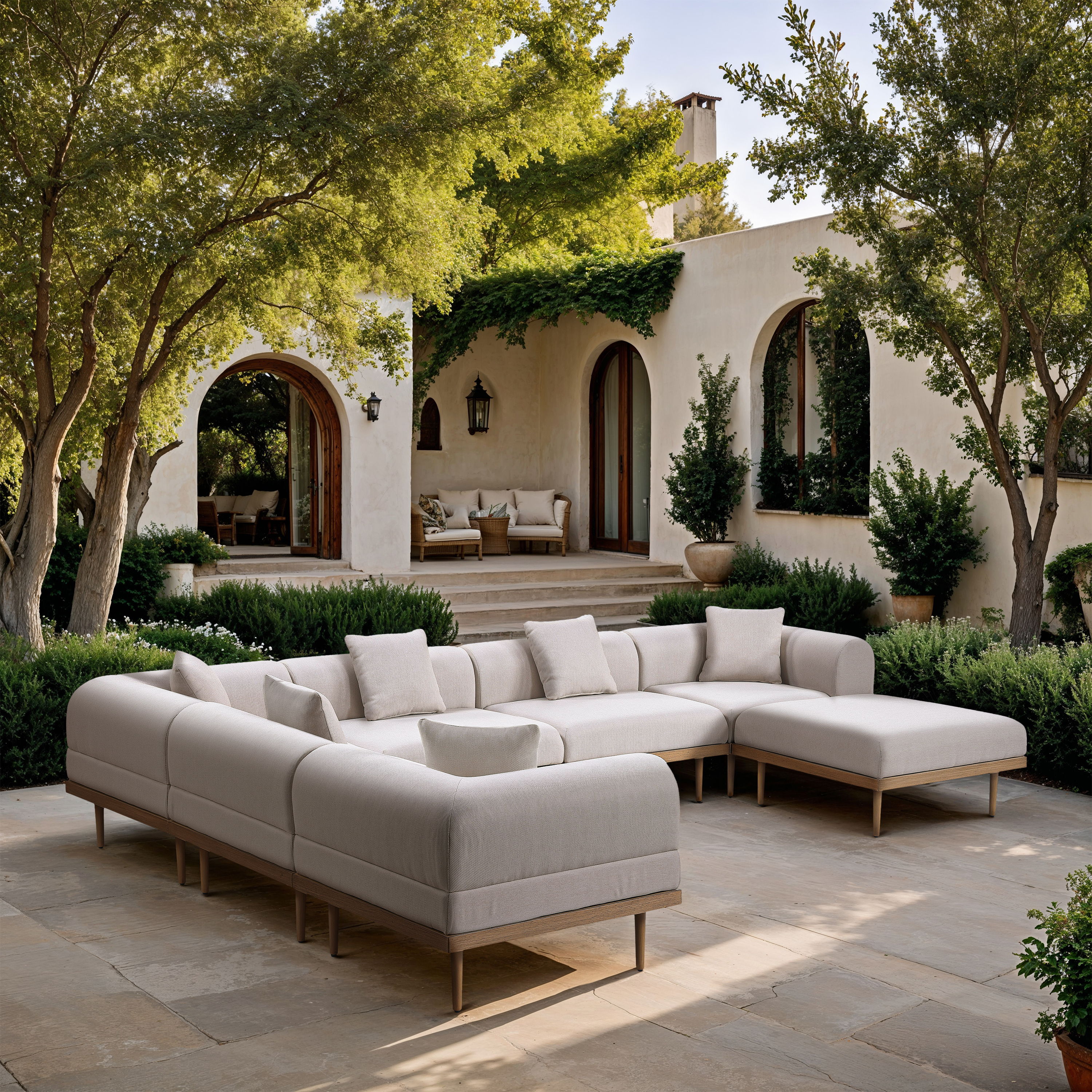 Laguna - 7 Piece Resilient Water Resistant Fabric 142" Upholstered Outdoor Patio Modular Sectional - Beige