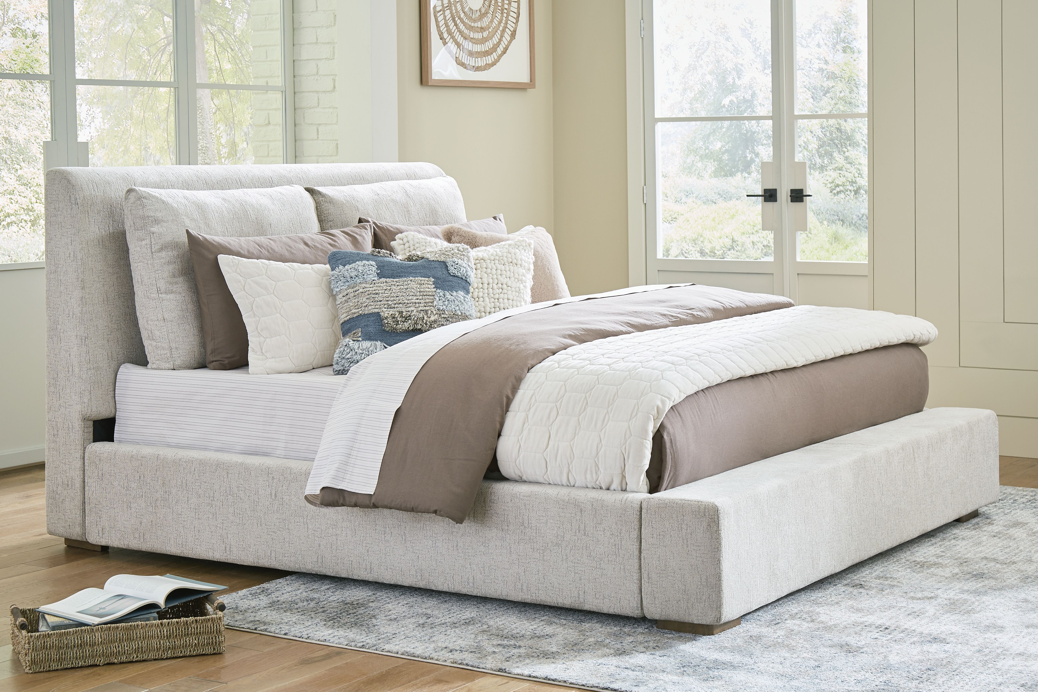 Ashley Furniture Cabalynn - 6 Pc. - Dresser, Mirror, Queen Upholstered Bed, 2 Nightstands - Light Brown - Image 5