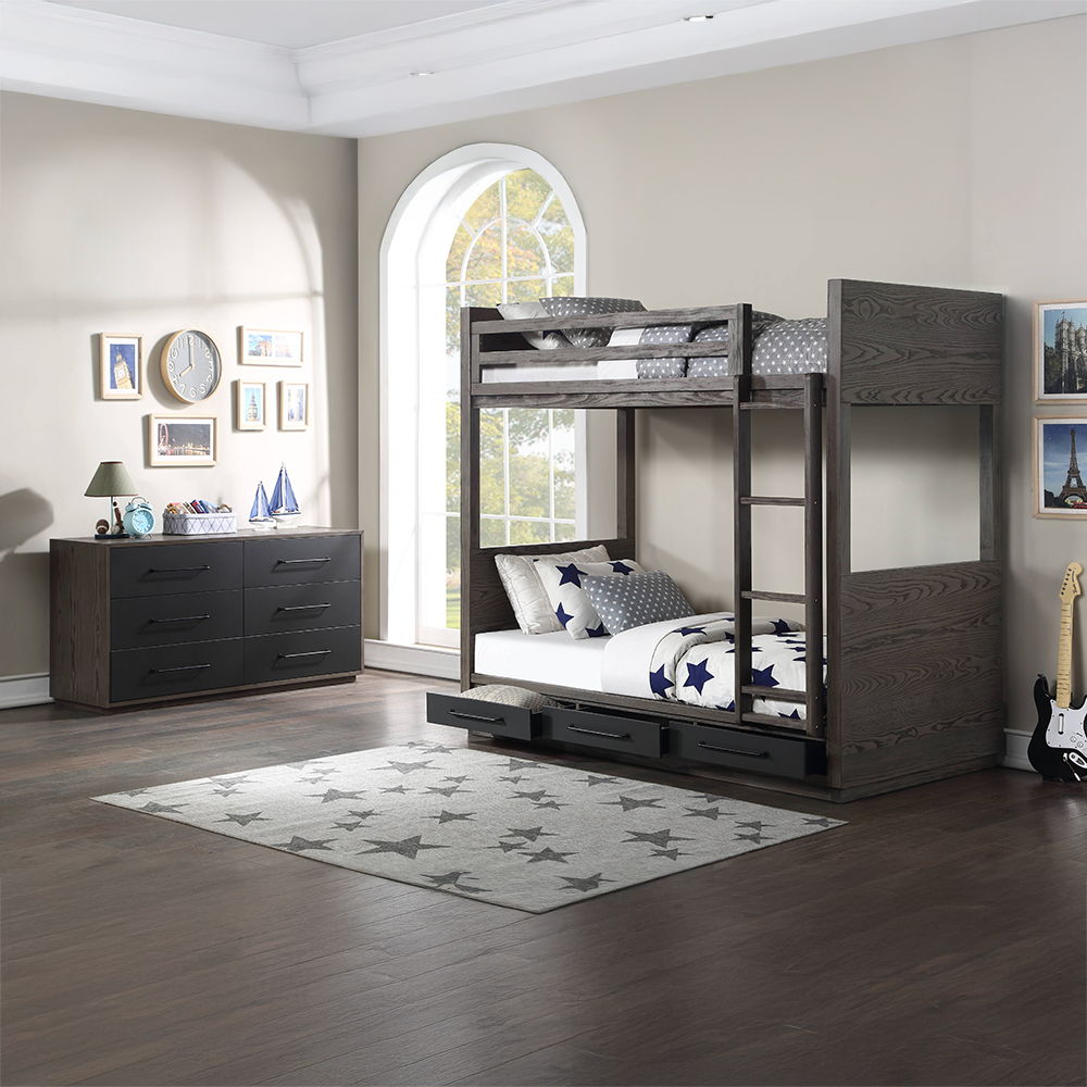Estevon - Twin Over Twin Bunk Bed With Storage - Gray Oak, dark gray