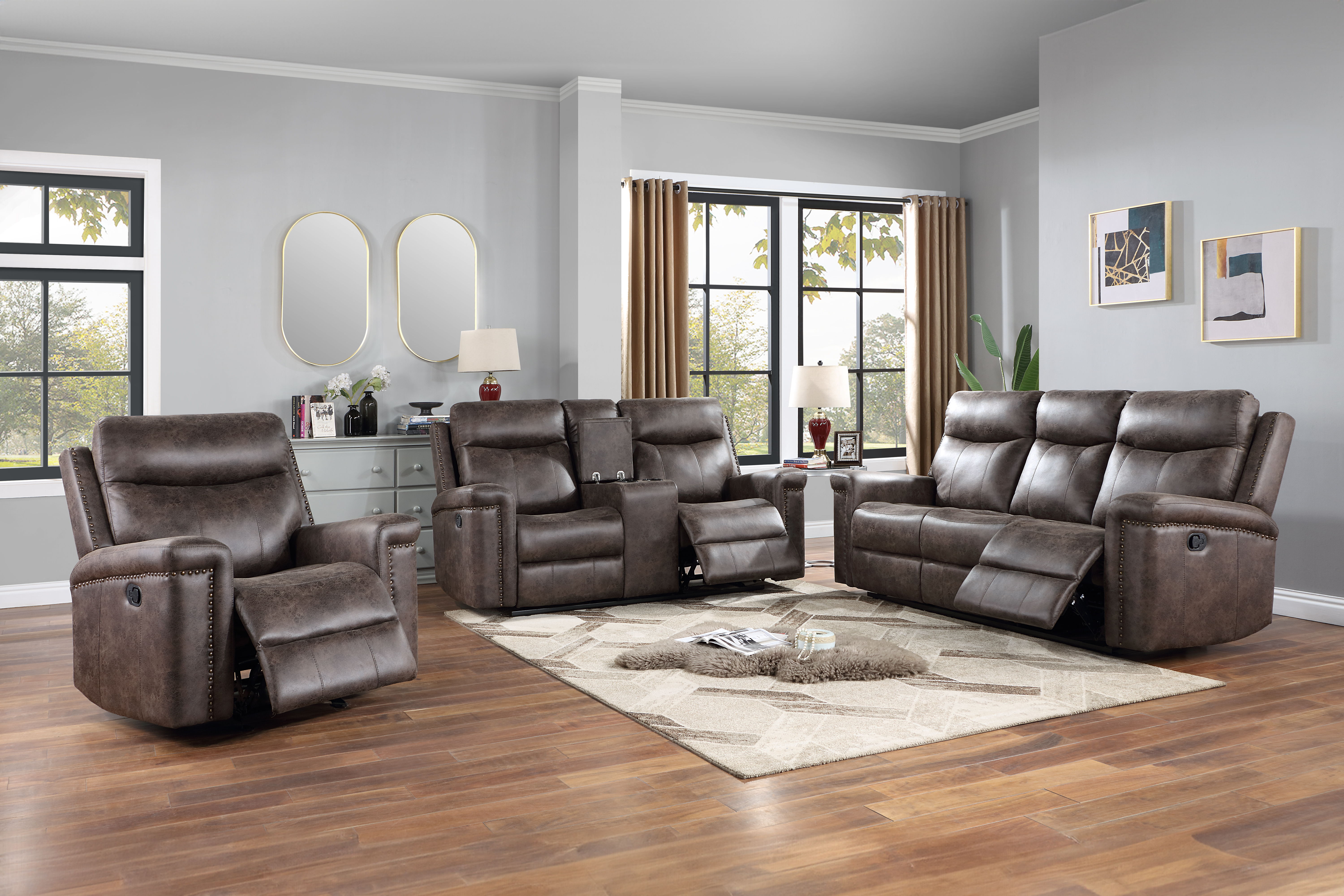 Quade - Manual 3 Piece Sofa & Loveseat & Recliner - Mocha