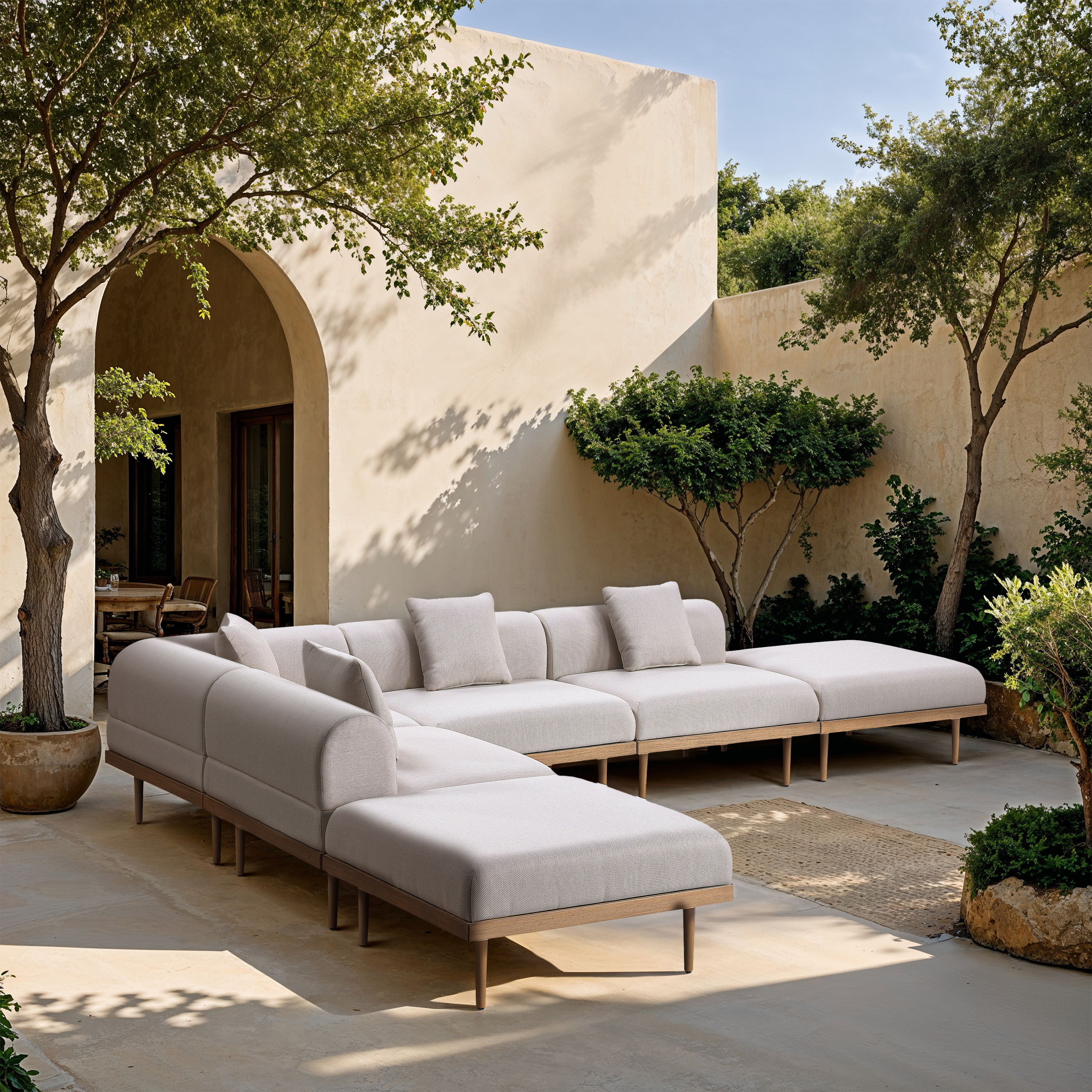 Laguna - 6 Piece Water Resistant Fabric 142" Upholstered Outdoor Patio Modular Sectional - Beige