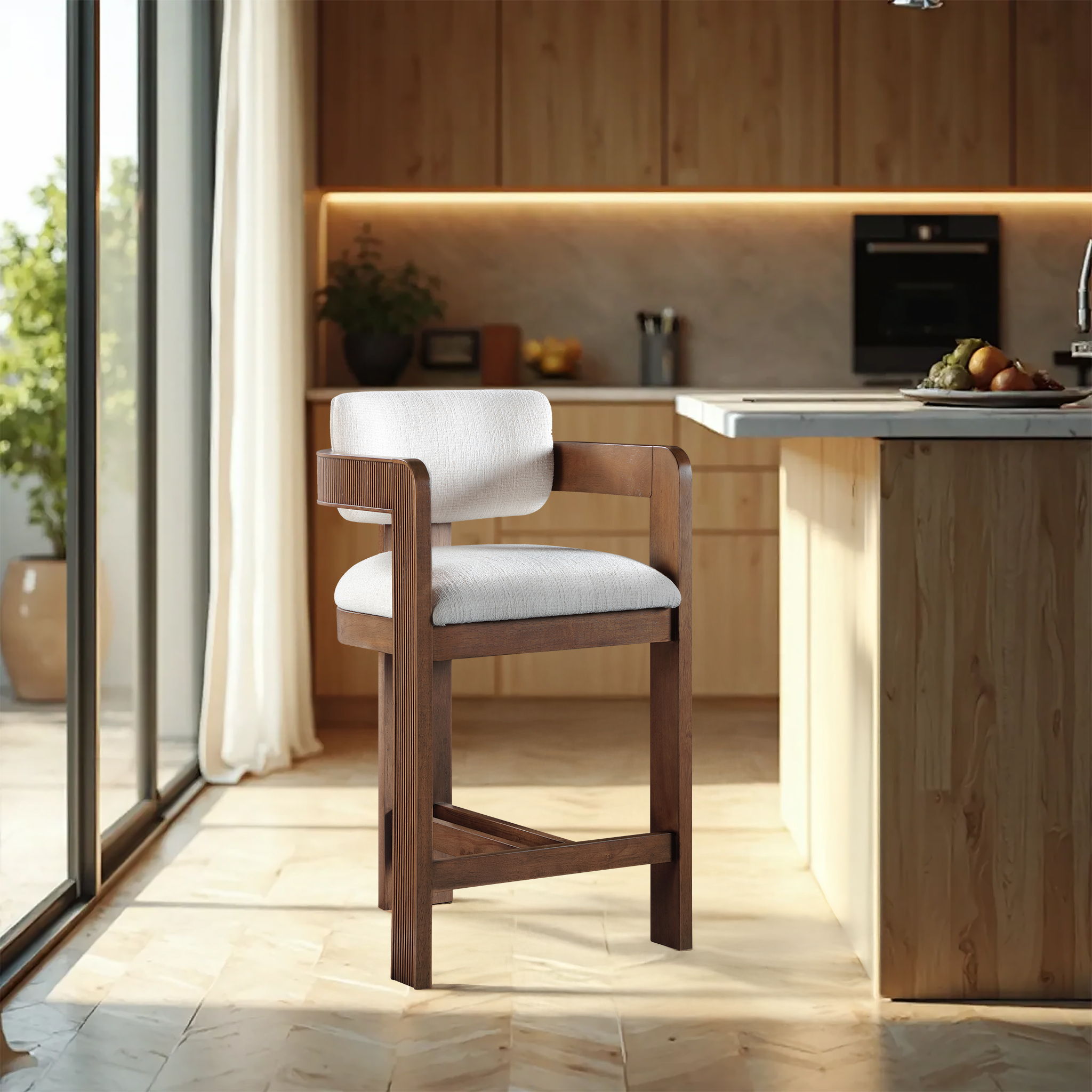 Sacha - Linen Stool With Brown Base - Cream