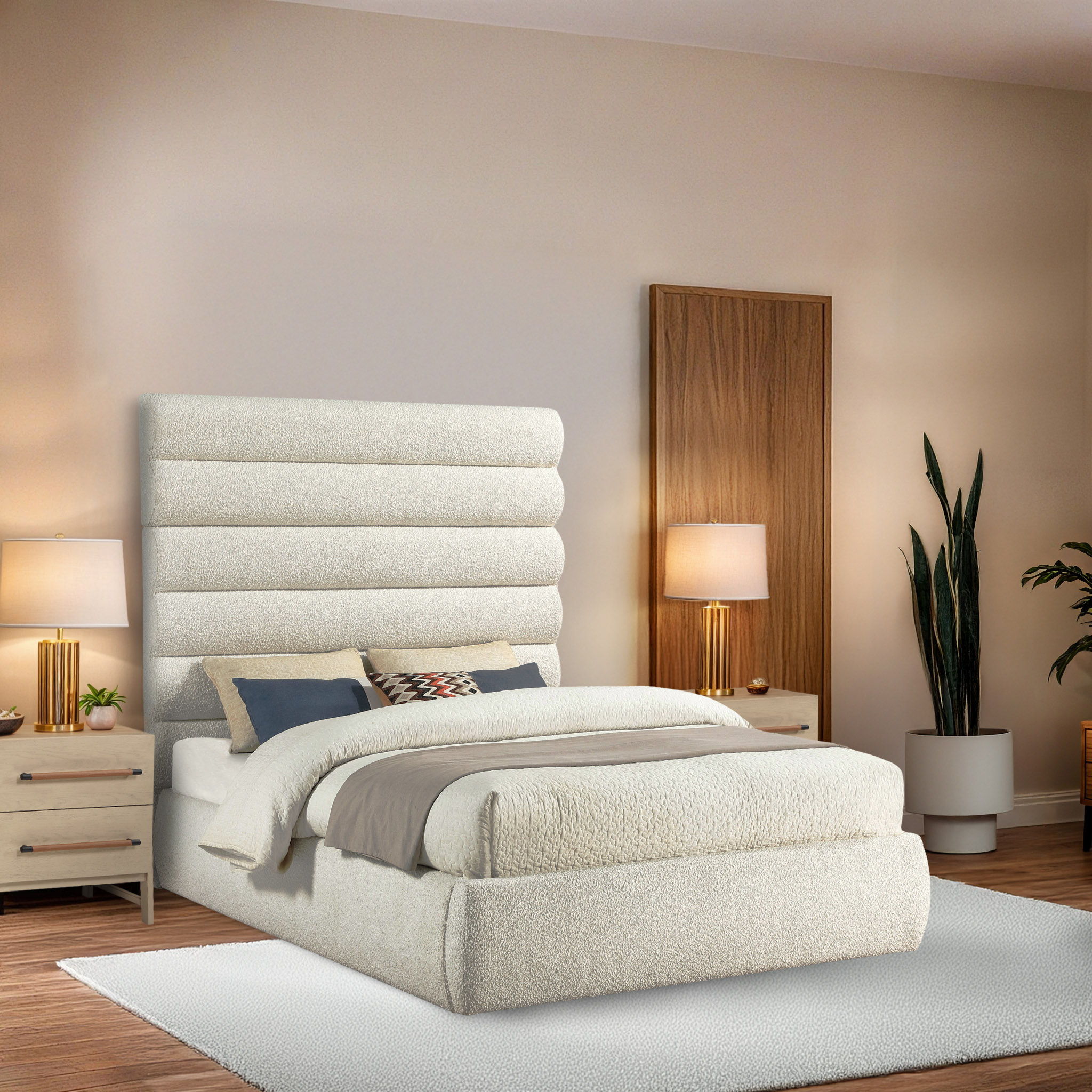 Adam - Boucle Fabric Queen Bed With 70.5" Headboard - White