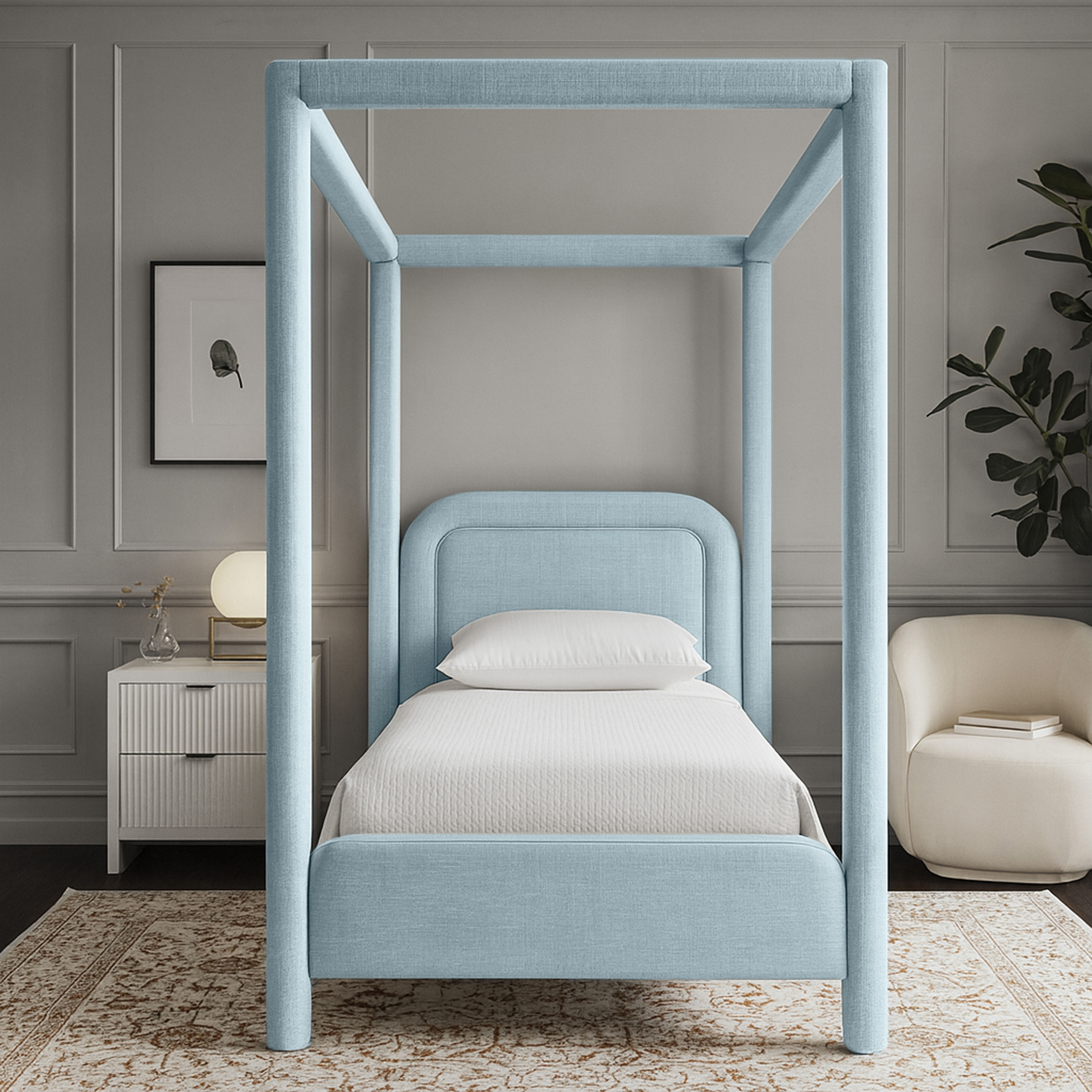 Salina - Linen Textured Fabric Upholstered Twin Bed - Light Blue