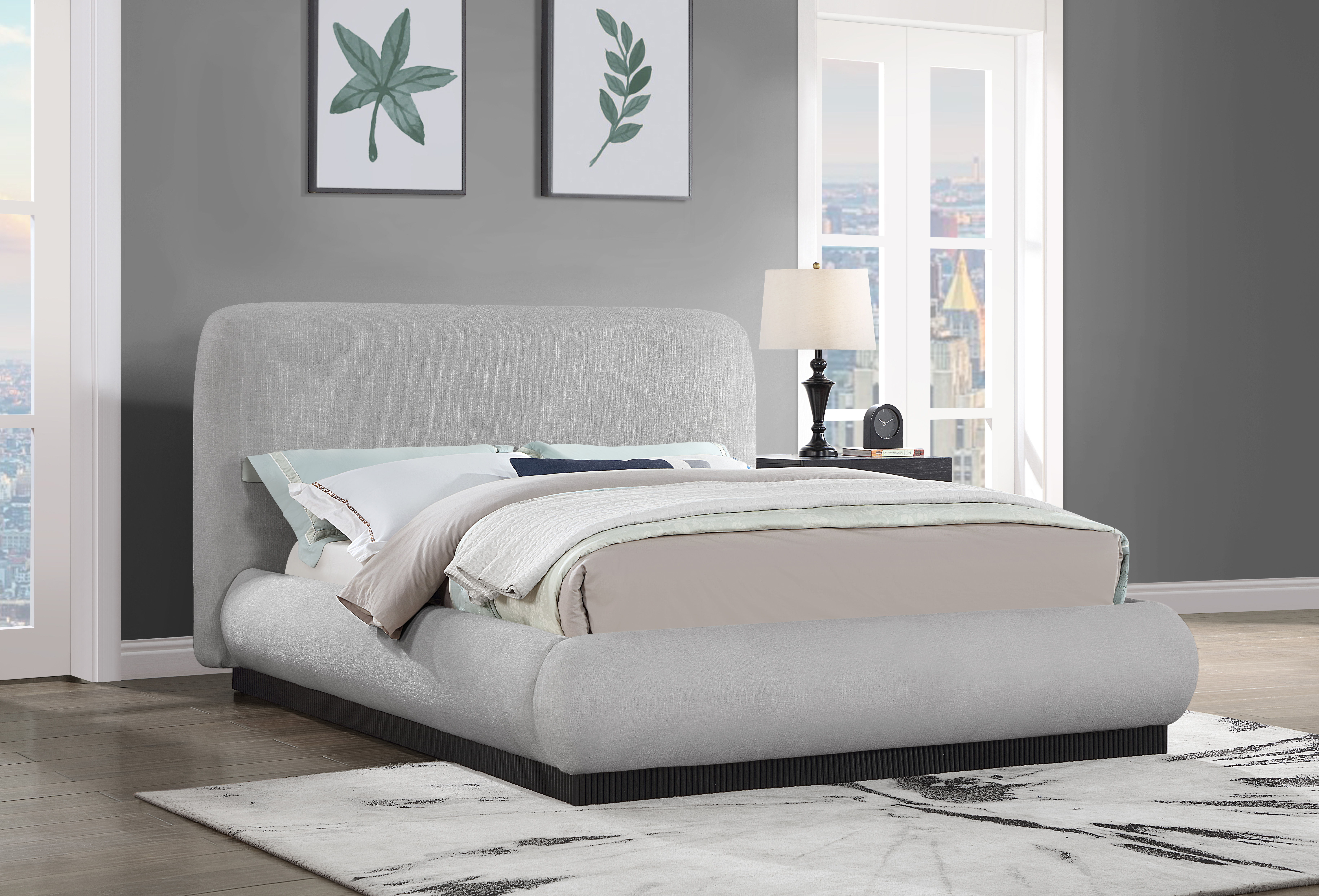 Rigby - Linen King Bed With Black Base - Gray