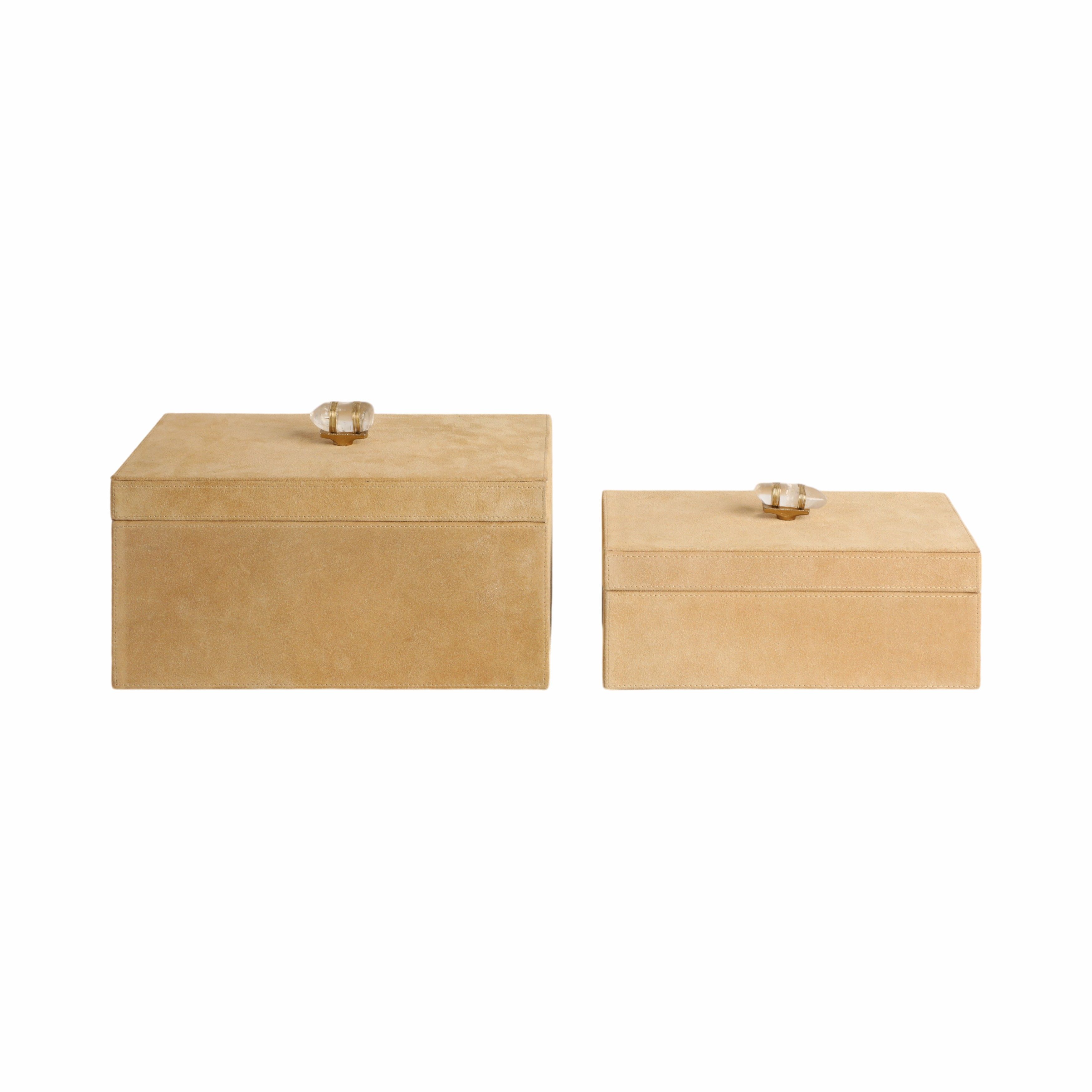 10\" / 12\" Benin Suede Boxes With Stone Knob (Set of 2) - Ivory