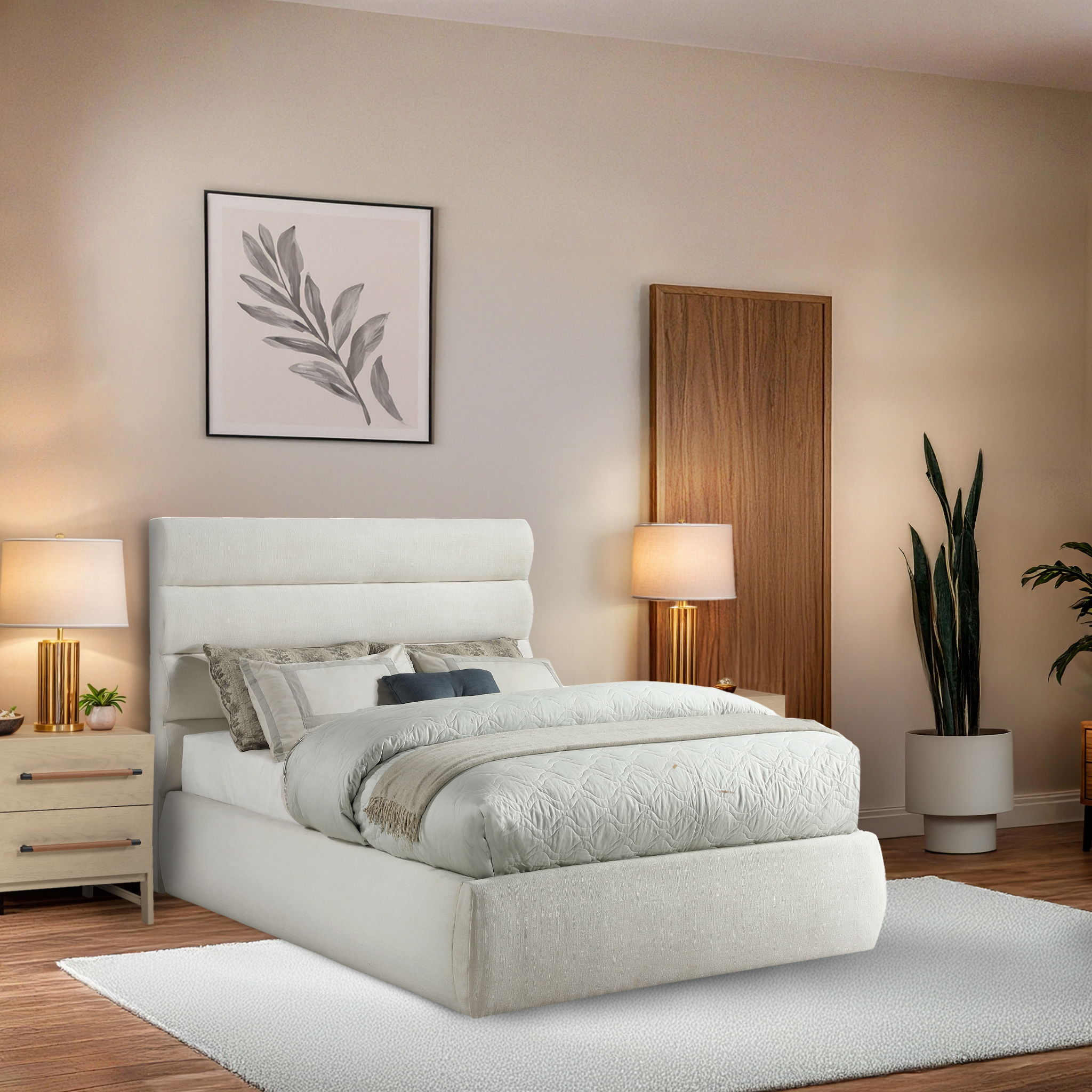 Adam - Linen Fabric Full Bed With 52" Headboard - Cream