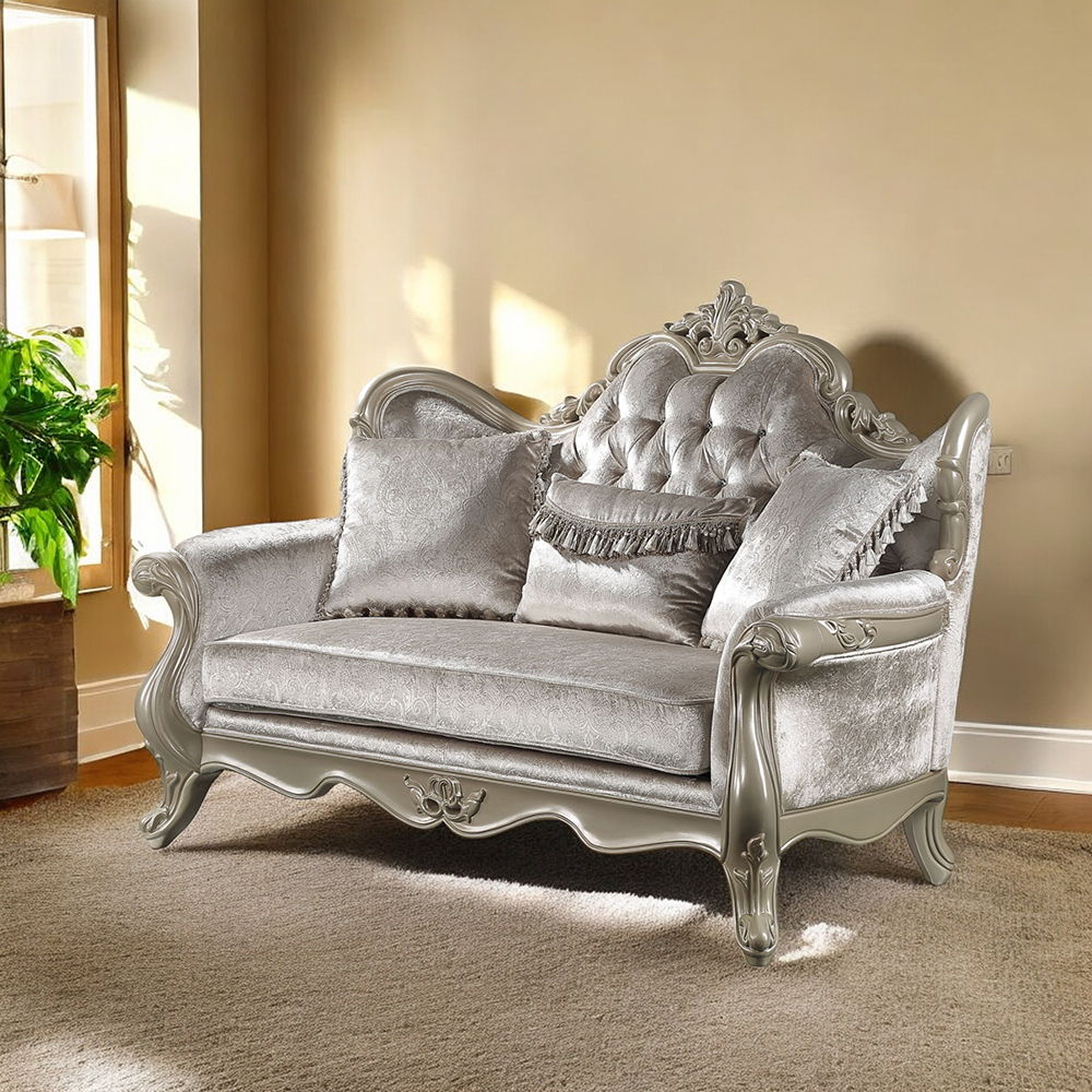 Libertee - Loveseat With 3 Pillows - Beige Fabric & Champagne, silver