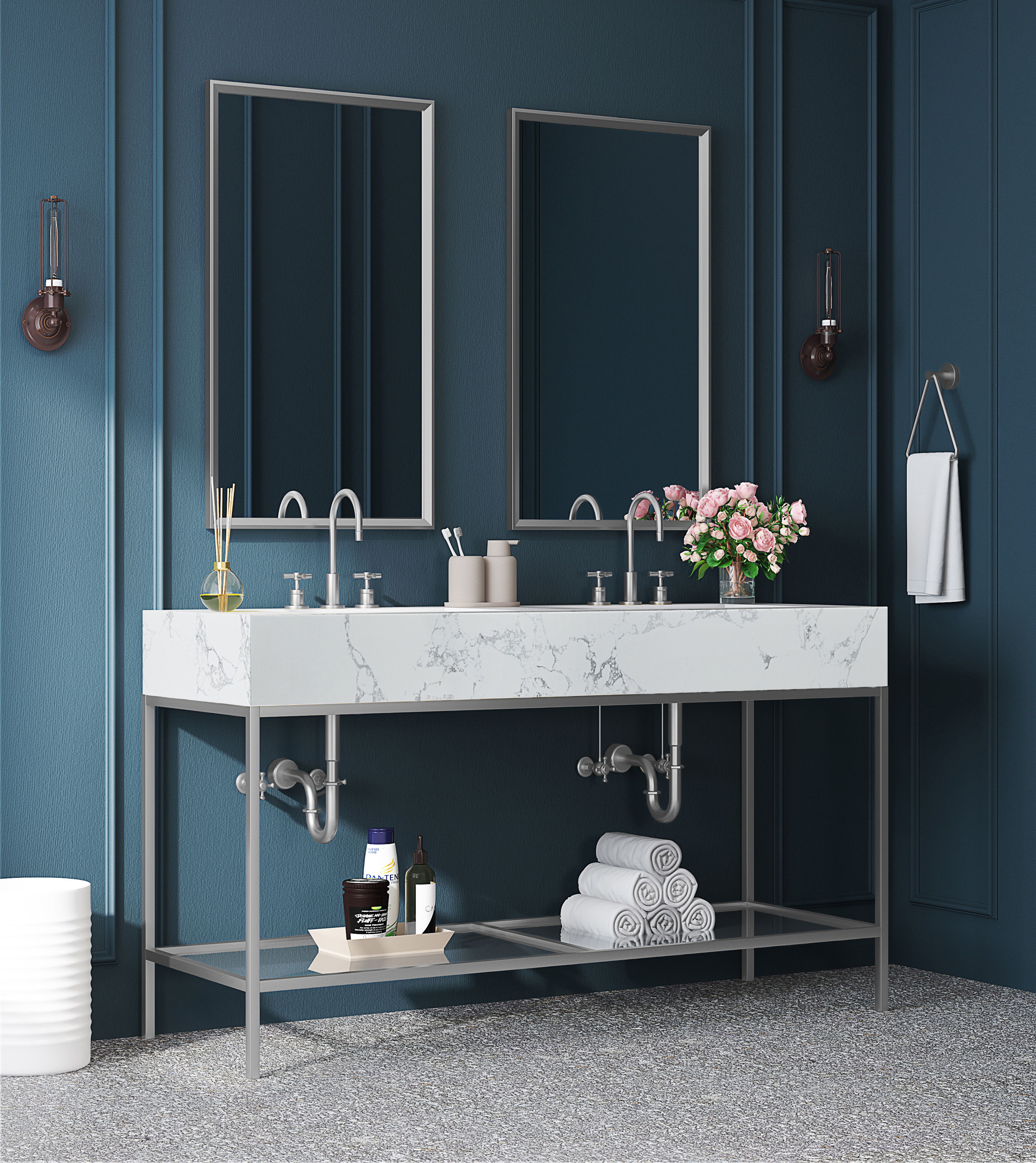 Marmo - 60" Engineered Marble Bathroom Vanity With Chrome Base - White