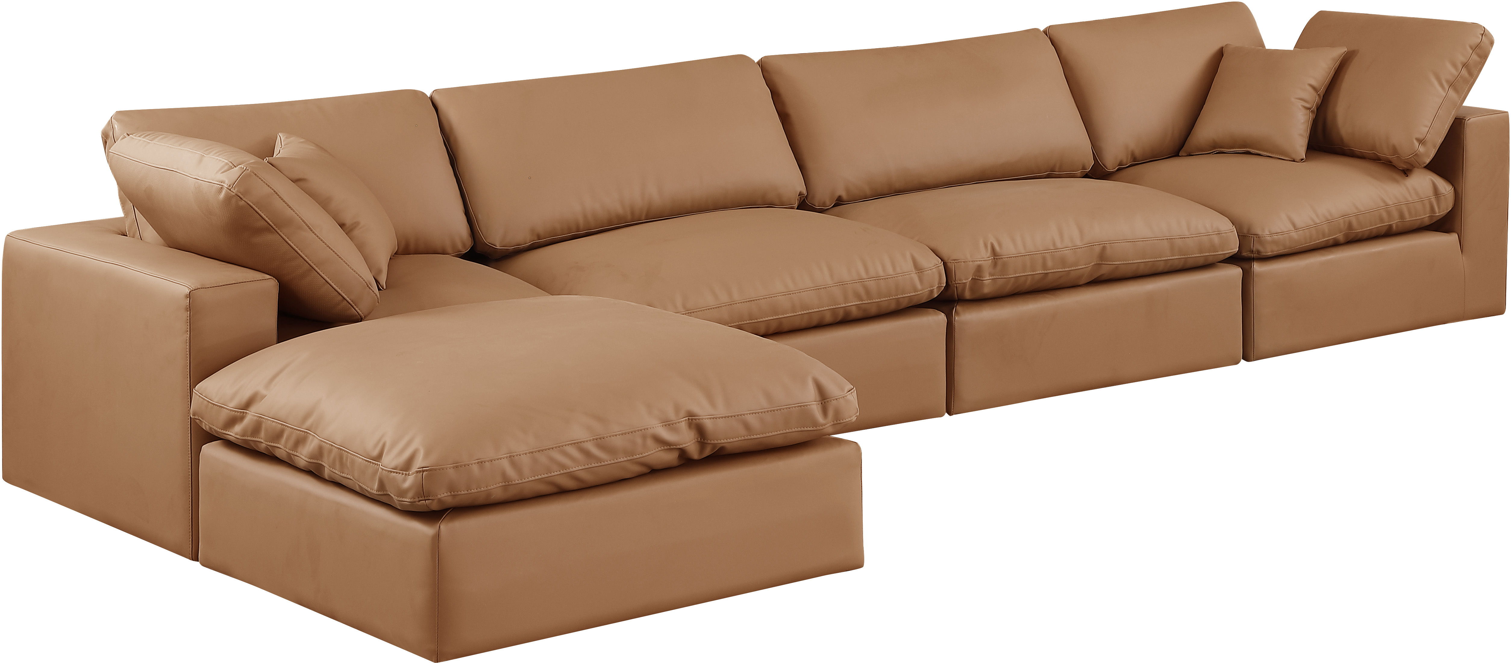 Comfy - 5 Piece Faux Leather Modular Sectional With Chaise - Cognac