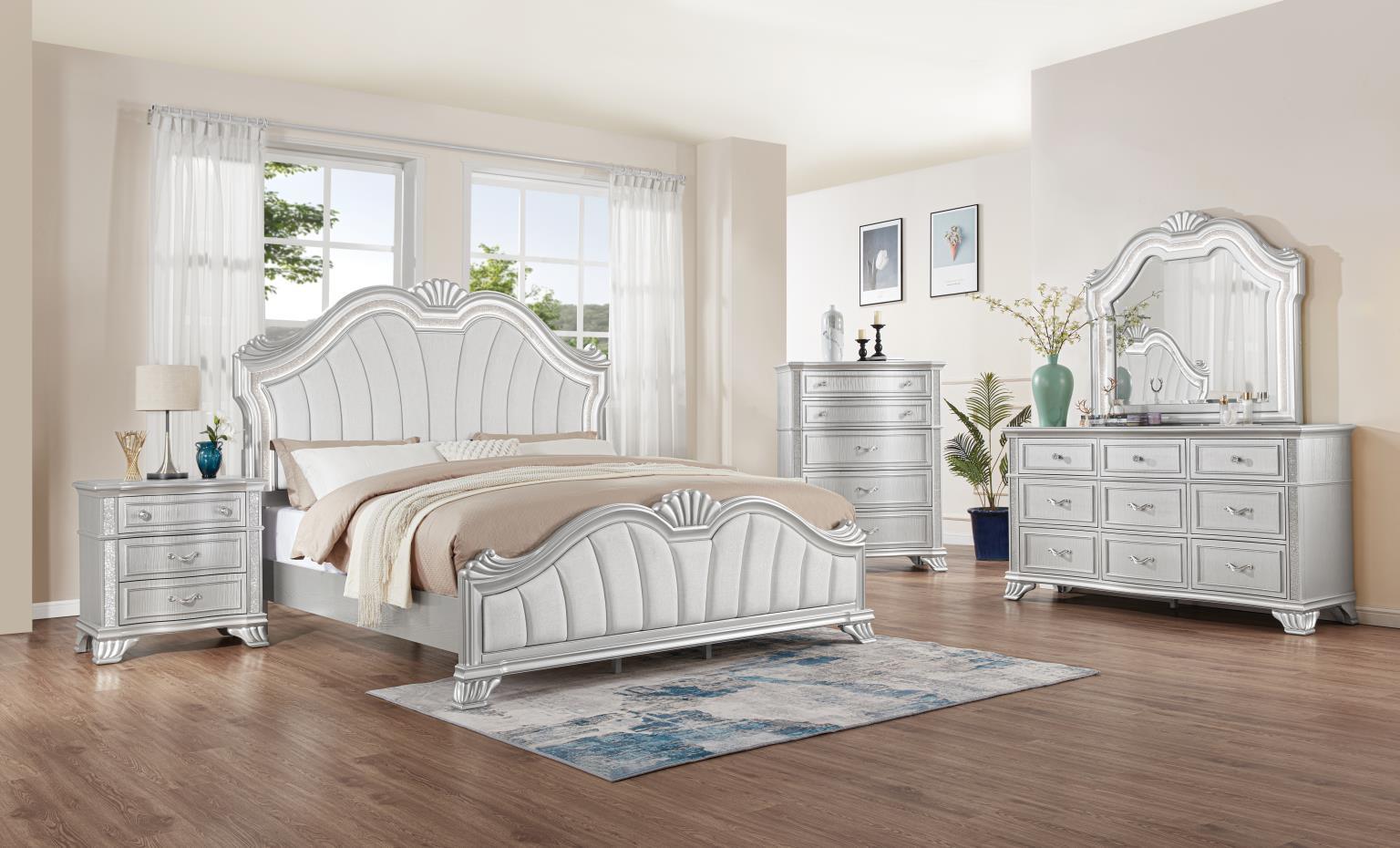 B076 - 3 Piece Bedroom Set (Queen Bed, Dresser, Mirror) - Pearl Silver