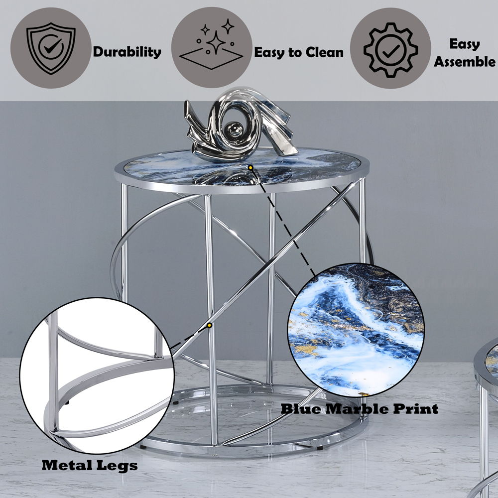 Lyda - End Table - Blue Marble Print & Chrome, blue, view 6