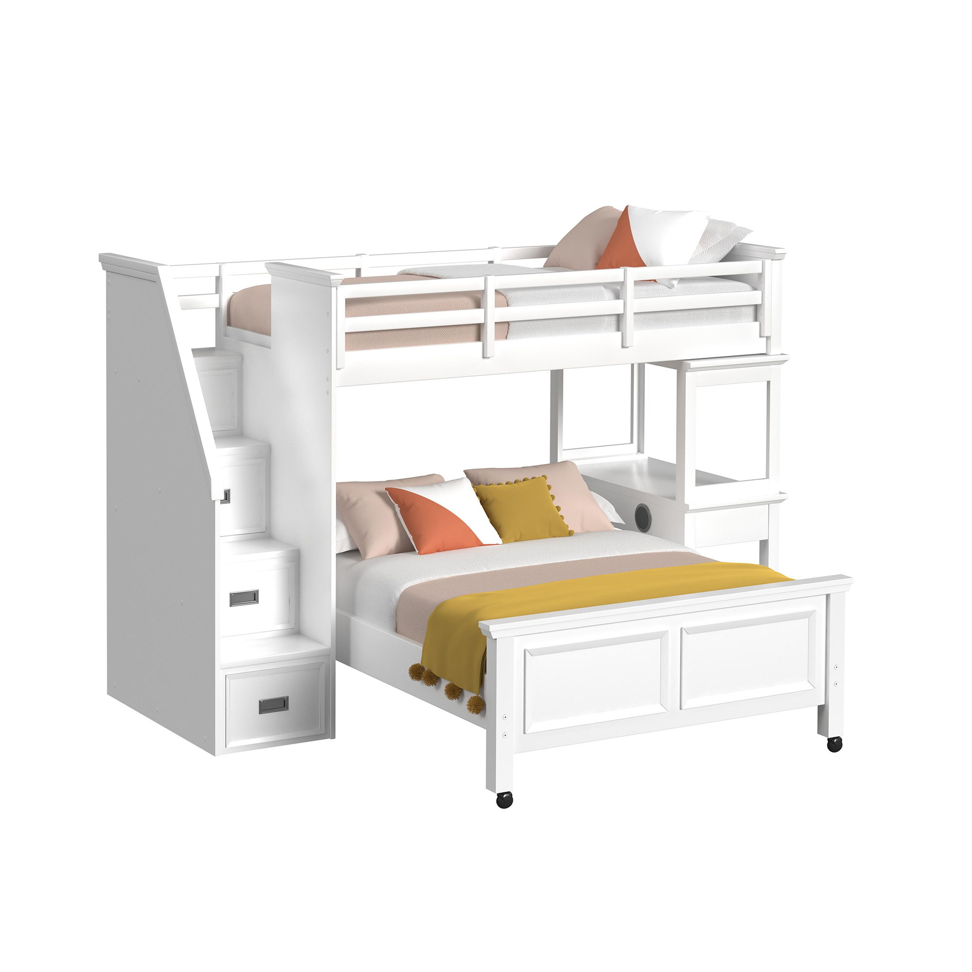 Hampton Kids - Twin Over Full Loft With Staircase And Desk With Speaker - White