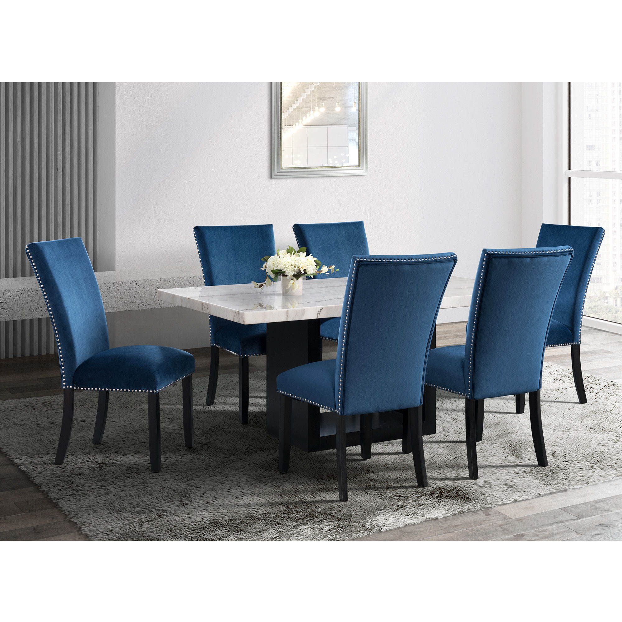 Valentino - White 5 Piece Counter Height Dining Set Table & Four Chairs - White / Blue