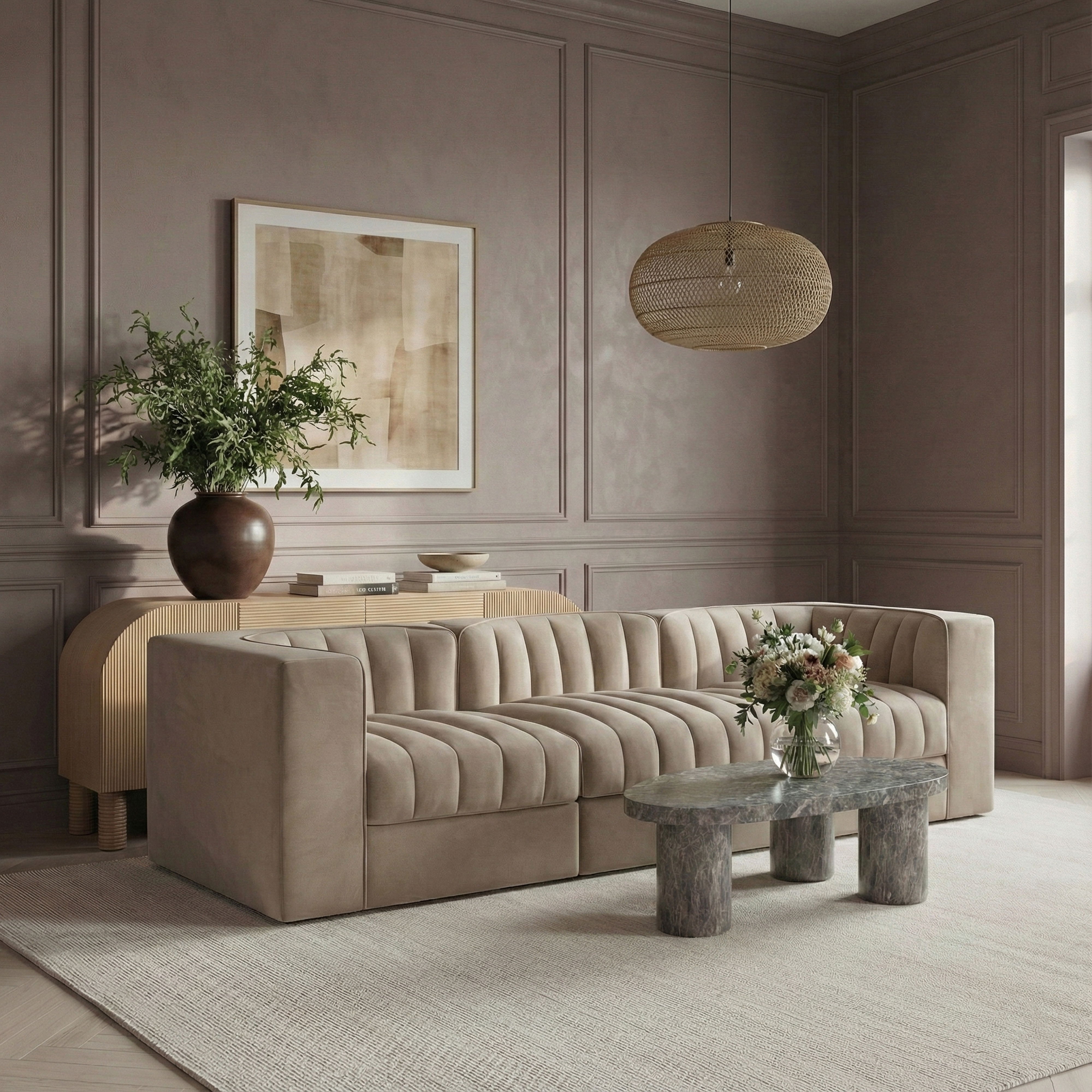 Rummi - Velvet Performance Fabric Upholstered 3 Piece Modular Sofa - Beige