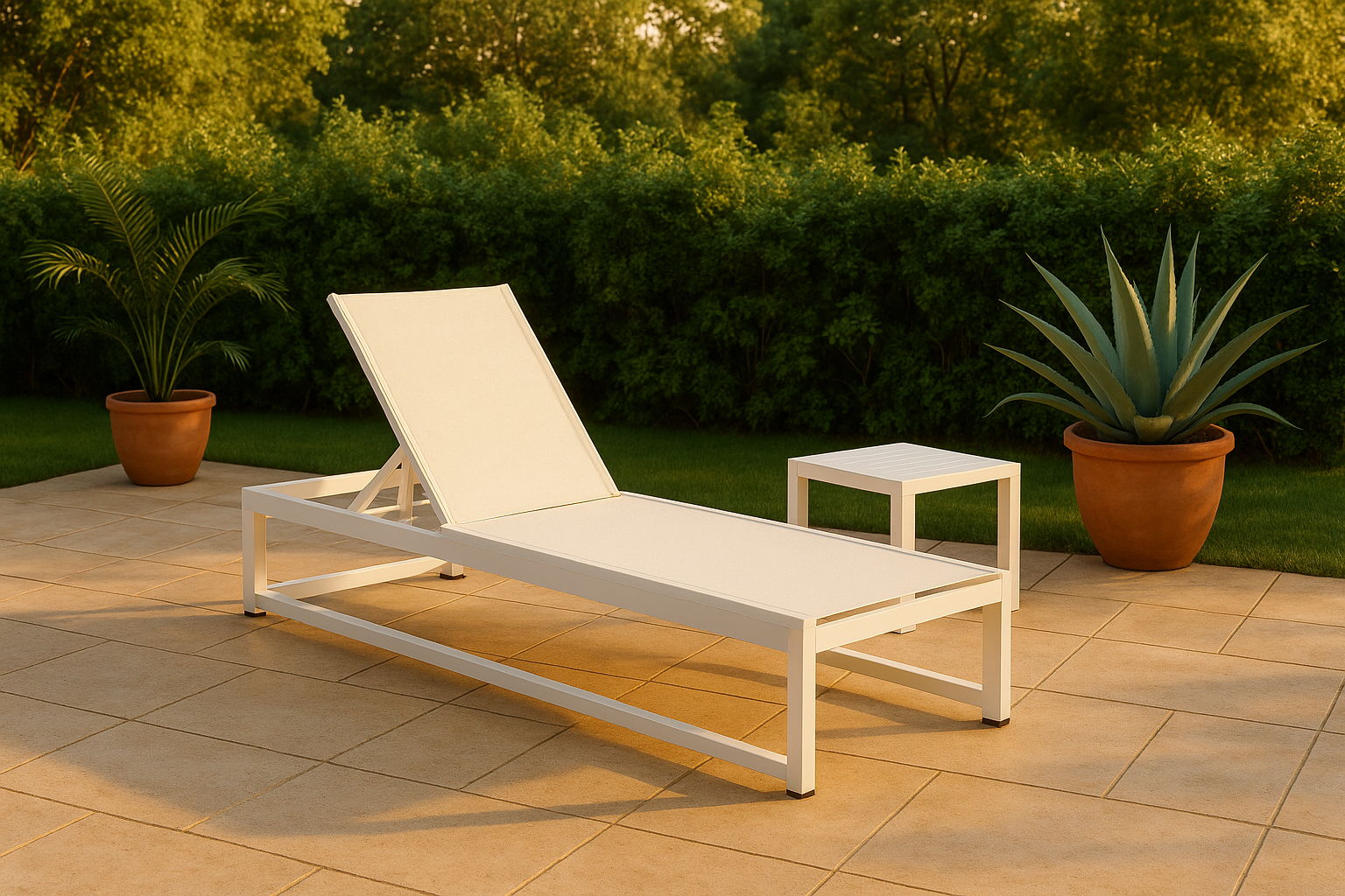 Maldives - Mesh Water Resistant Outdoor Patio Adjustable Sun Chaise Lounge Chair With White Base - Cream
