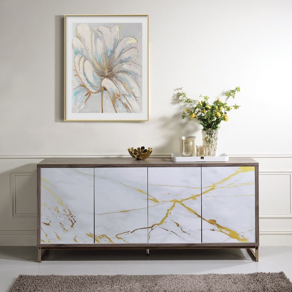 Paavan - Console Cabinet - White Marble Print Oak & Champagne, dark brown
