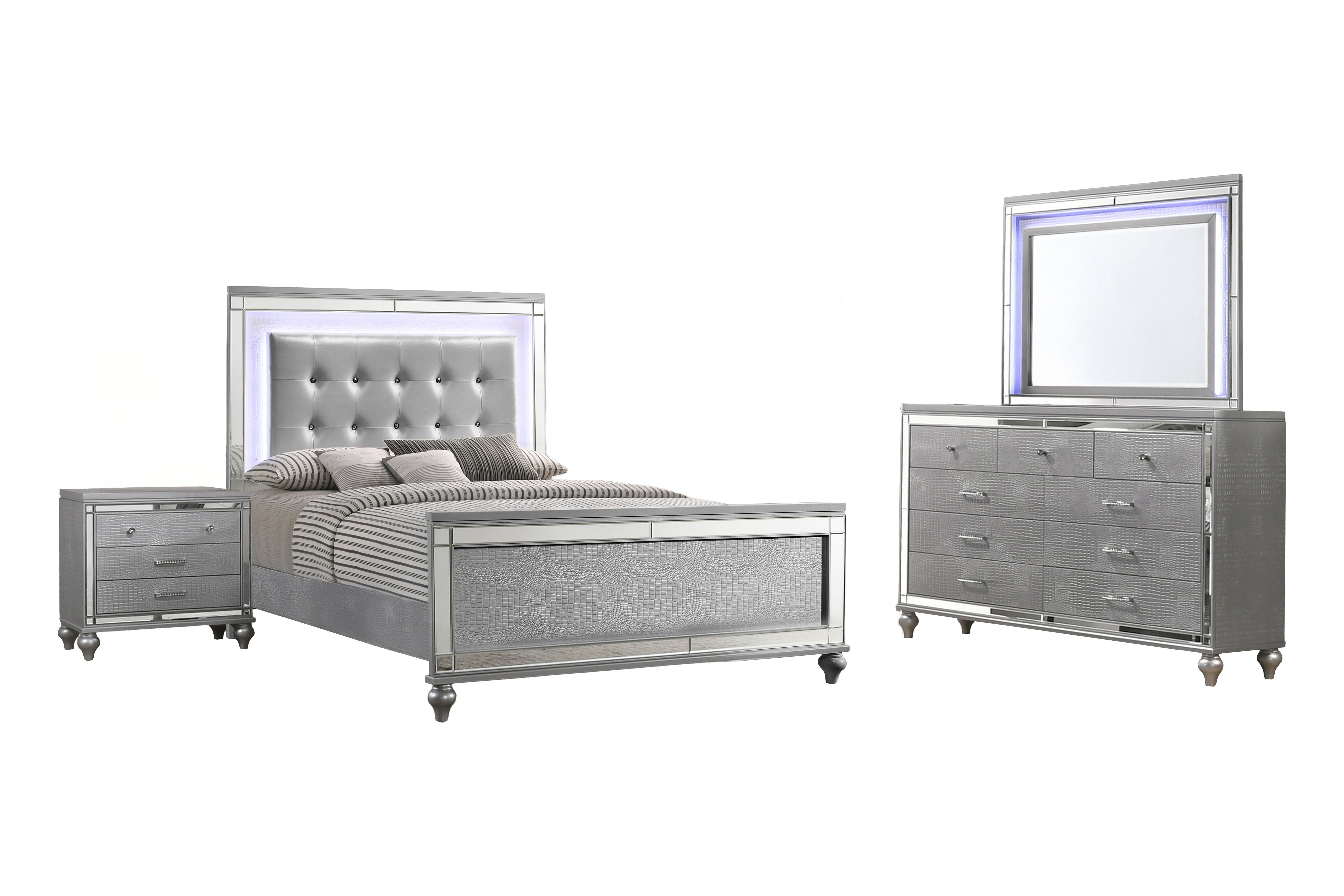 Valentino - Queen 4 Piece Bedroom Set (Bed, Dresser, Mirror, Nighstand) - Silver
