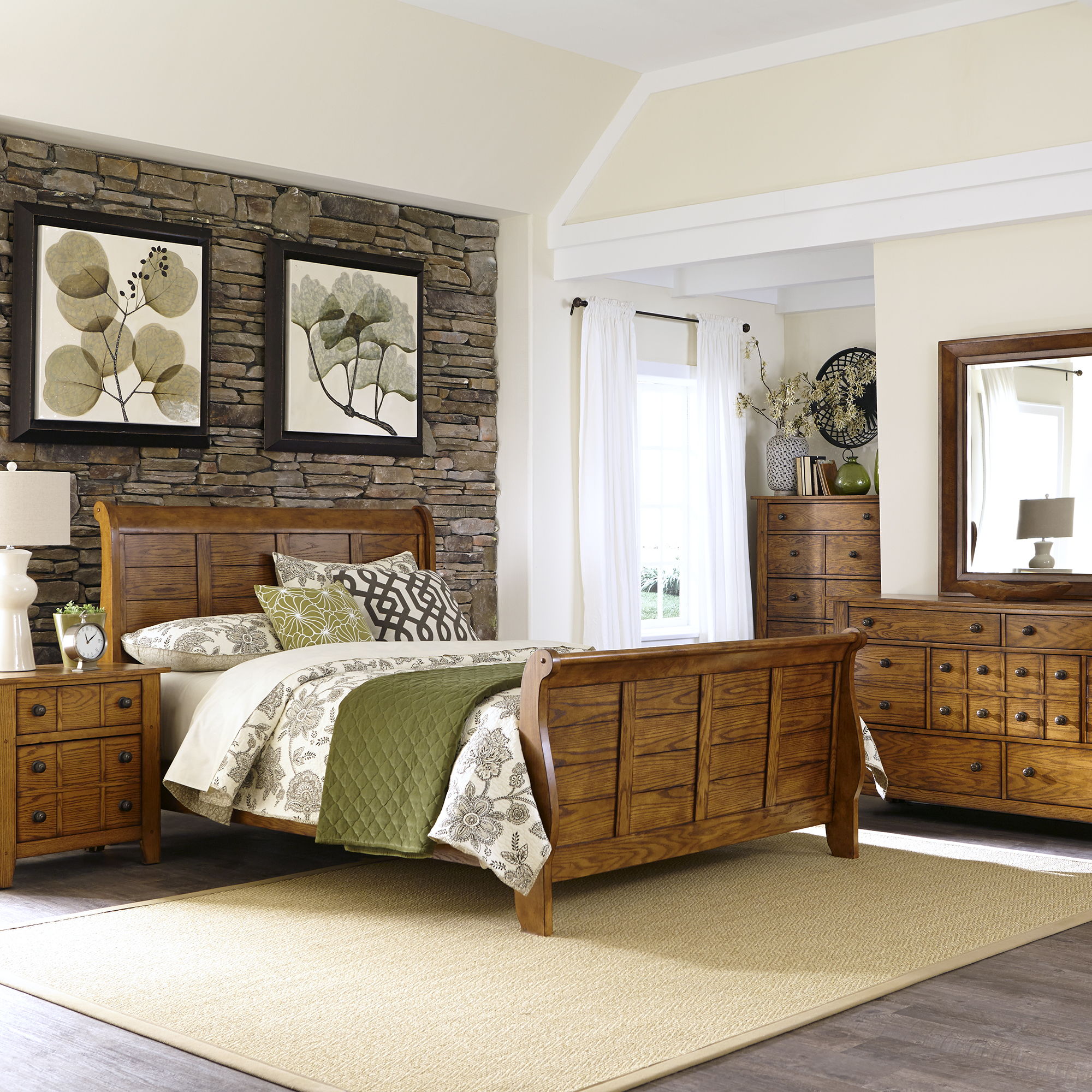 Liberty Furniture Grandpas Cabin - 5 Piece Bedroom Set (King Sleigh Bed, Dresser & Mirror, Chest, Nightstand) - Light Brown