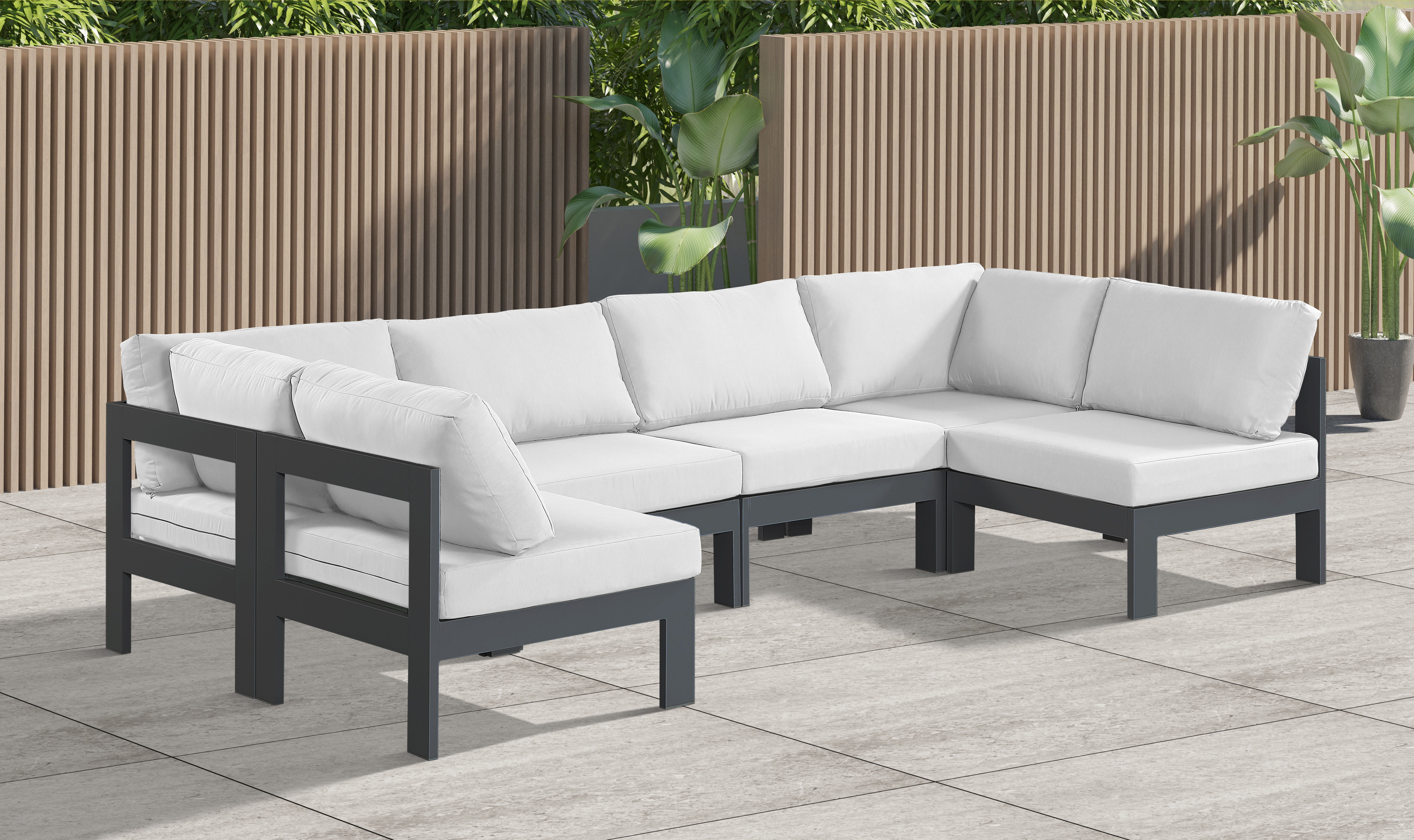Nizuc - Outdoor Patio 6 Piece Modular U-Shaped Sectional With Gray Frame - White