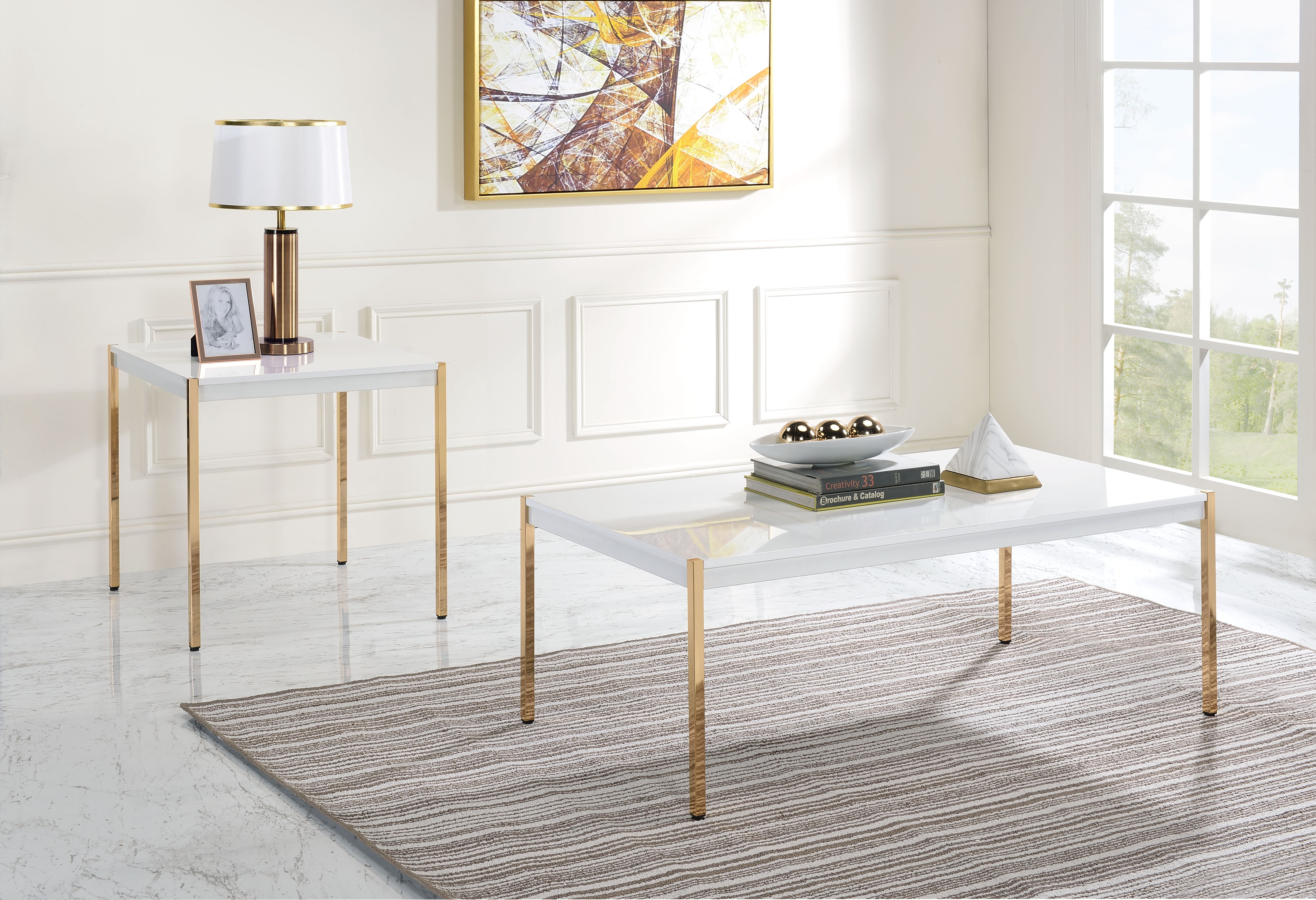 Otrac - End Table - White & Gold, white